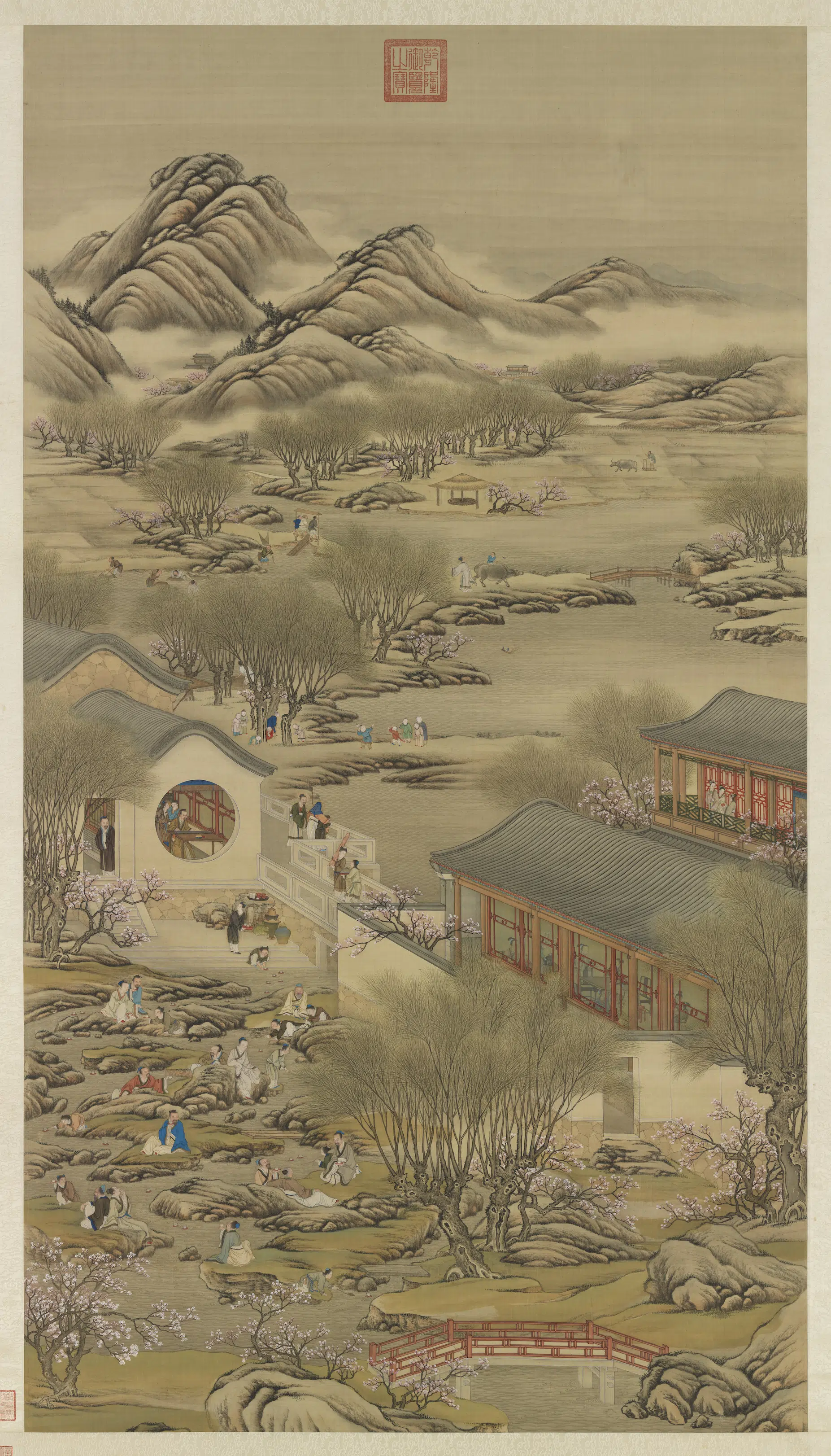 清代《画院画十二月月令图三月图轴》