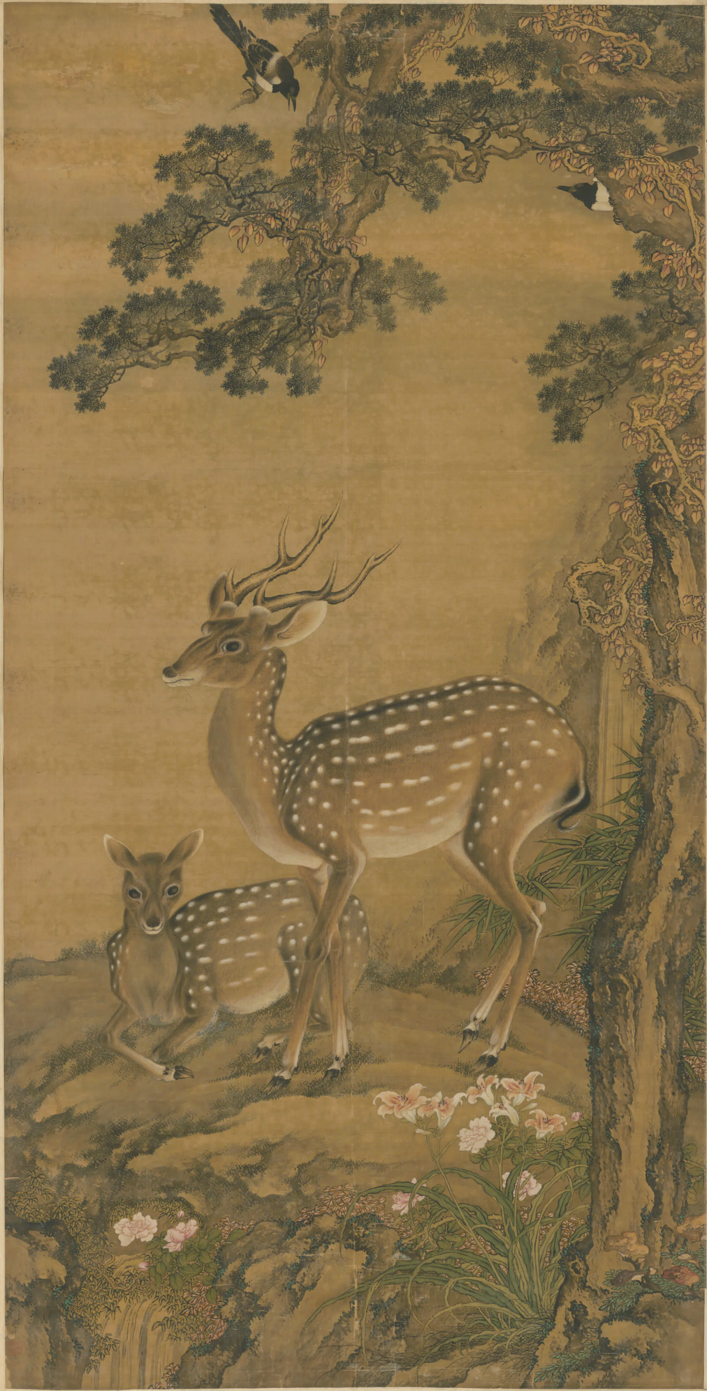 清代【沈铨】《柏鹿图轴》