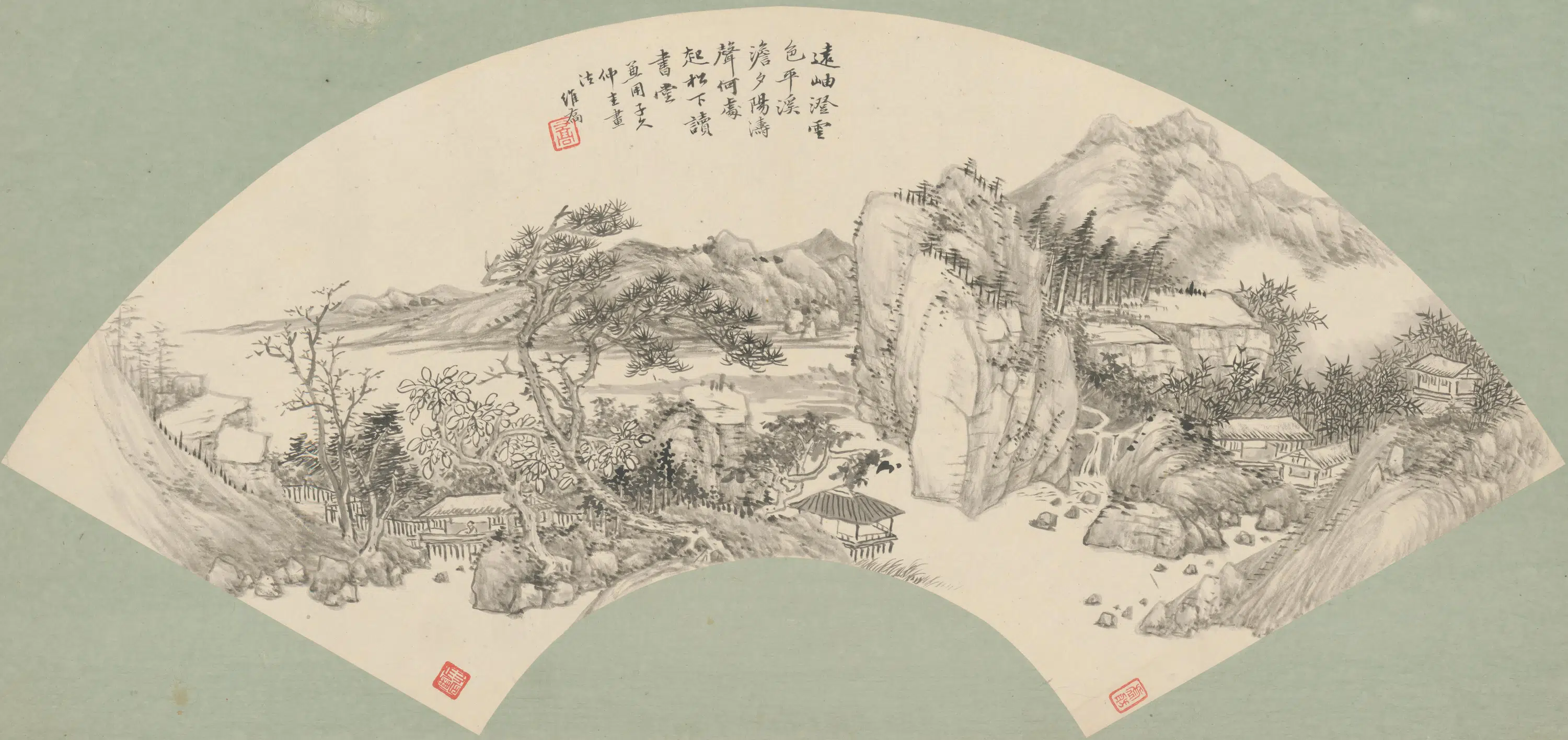 清代【钱维乔】《松堂读书图扇面》