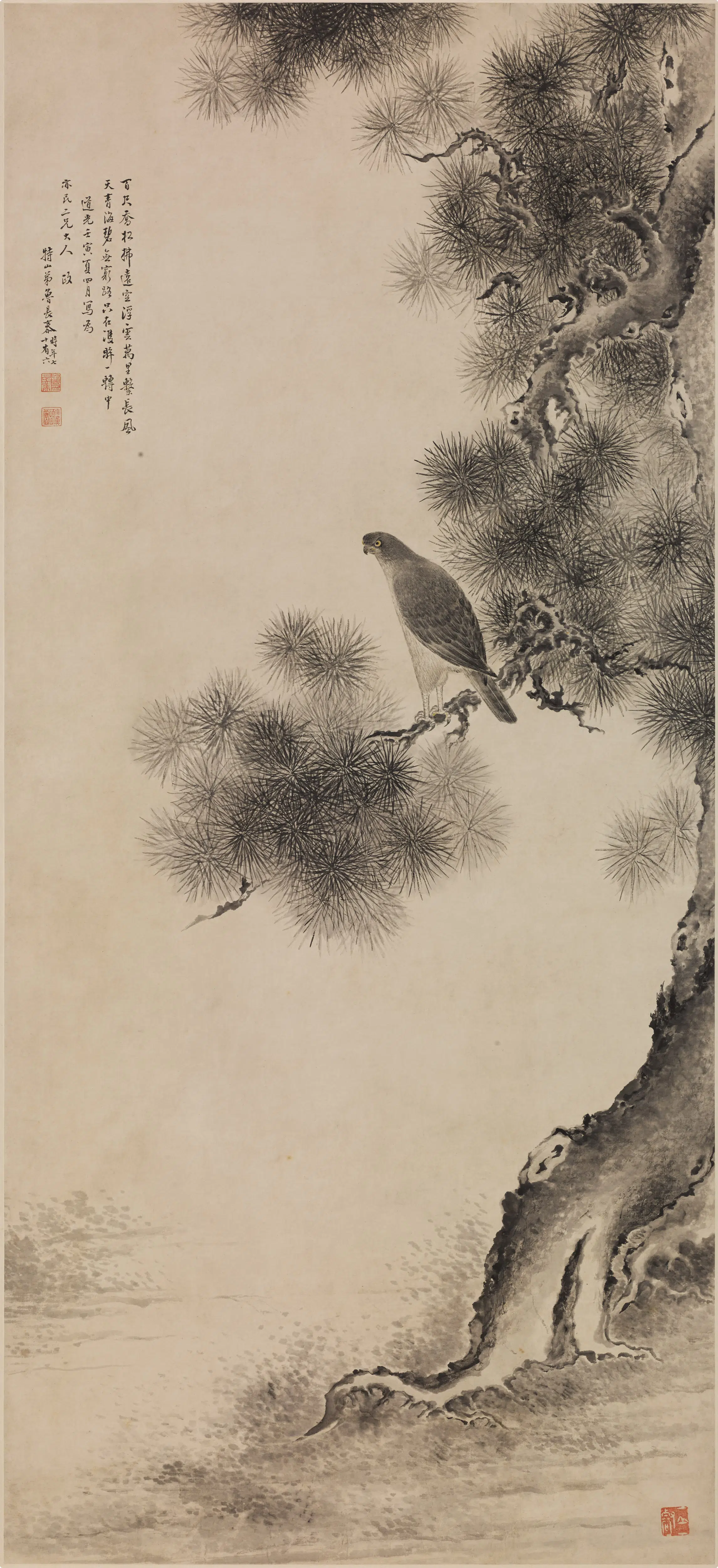 清代【鲁长泰】《松鹰图轴》