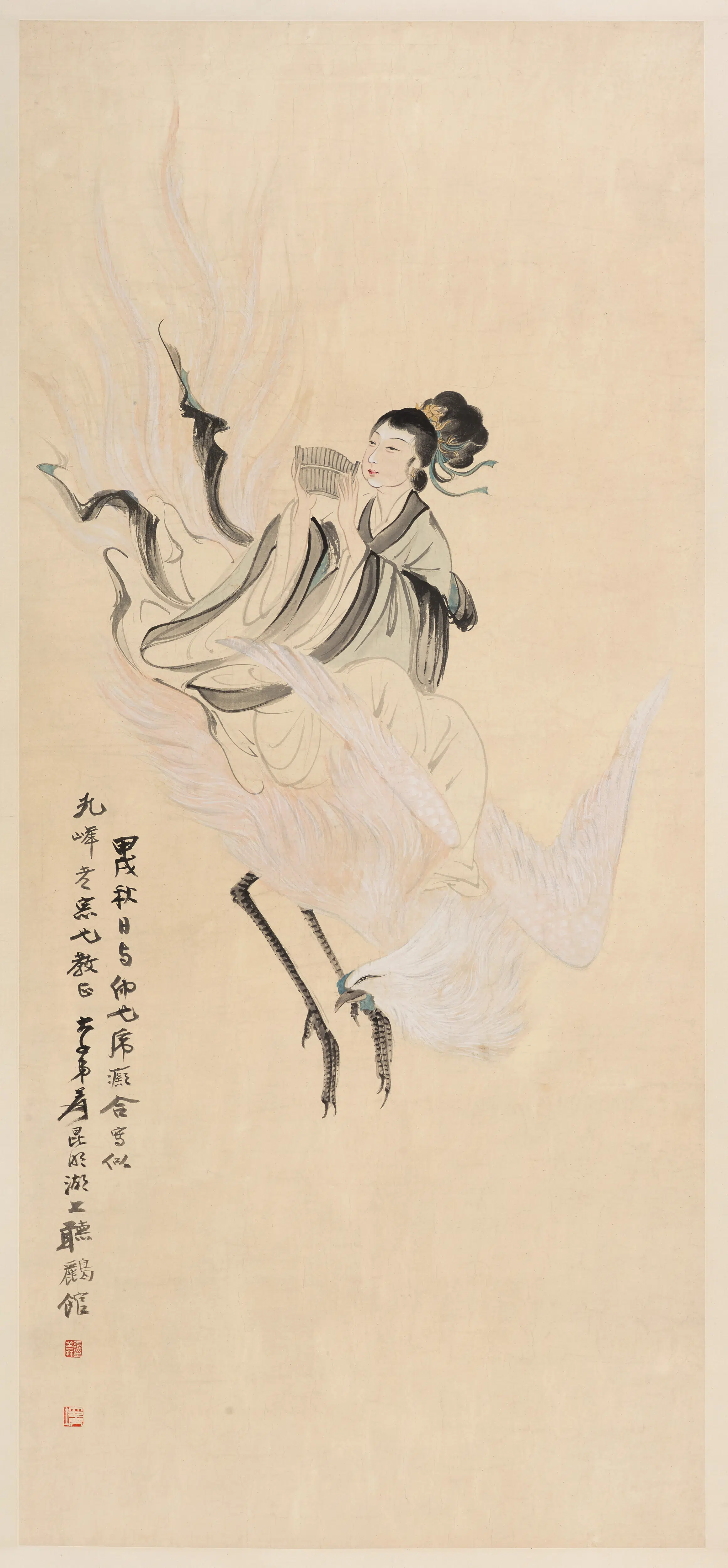 近现代【张善子（张善孖）】《张大千跨凤吹笙图轴》