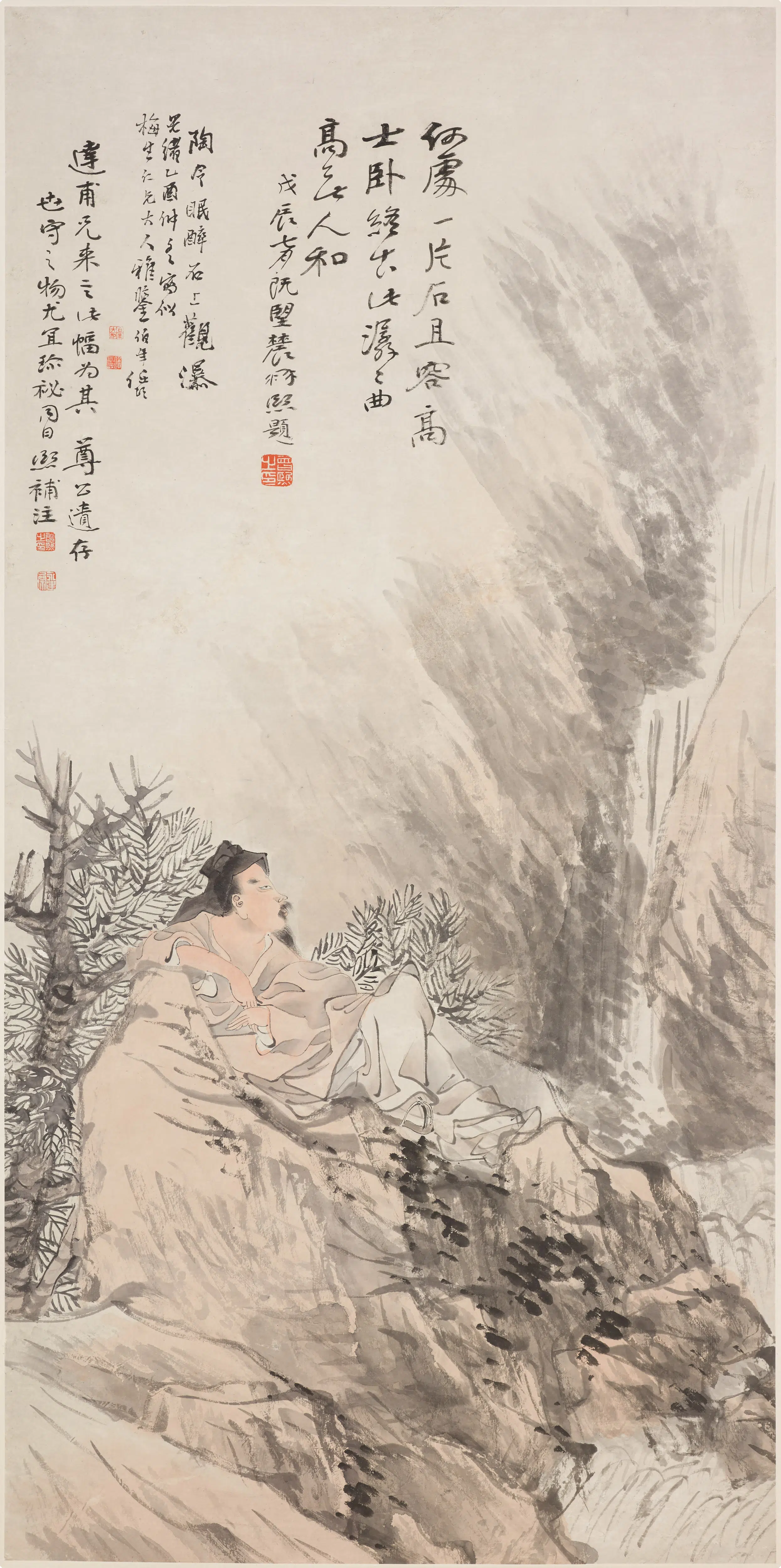 清代【任伯年（任颐）】《陶渊明倚石观瀑图轴》