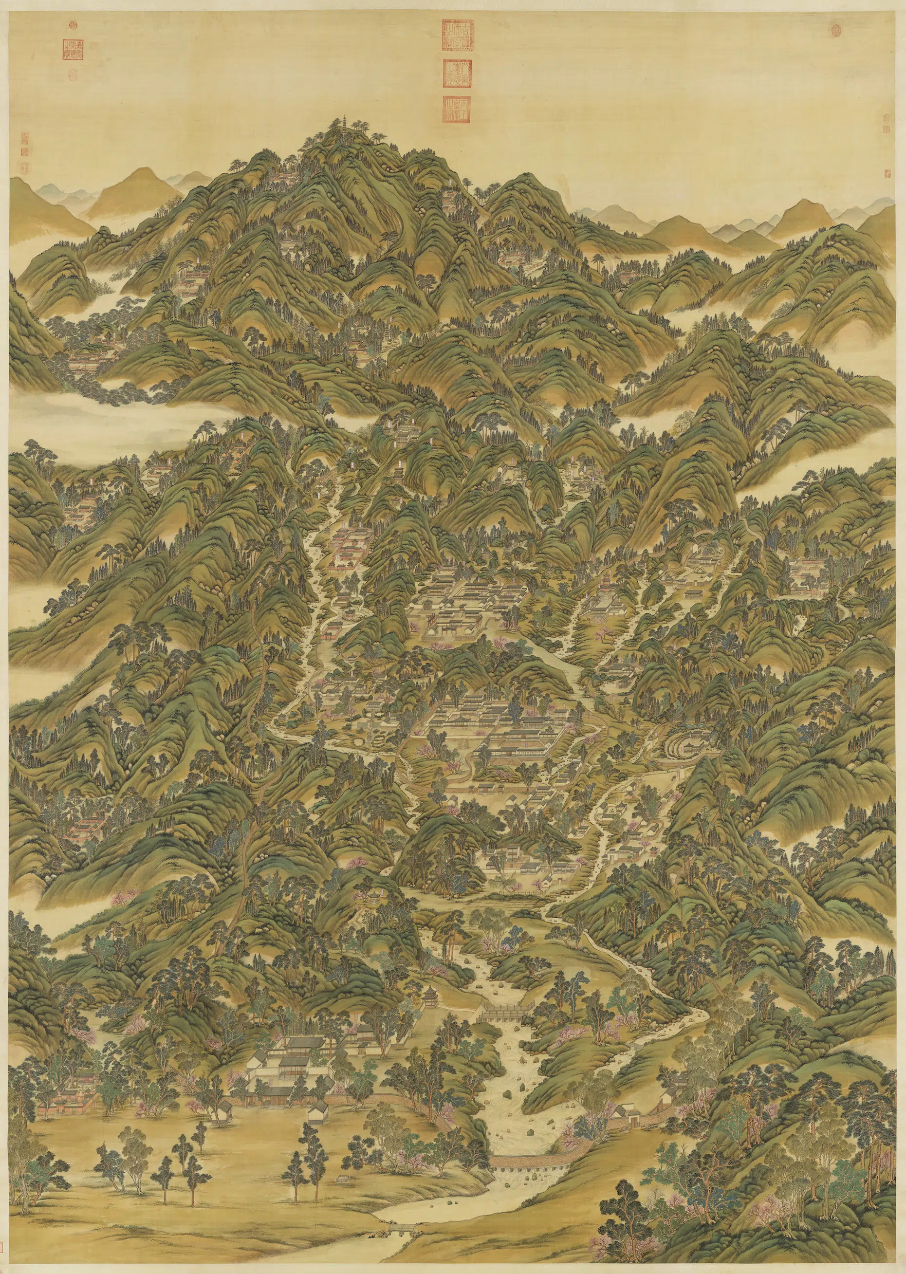 清代【姚文瀚】《袁瑛合笔盘山图轴》