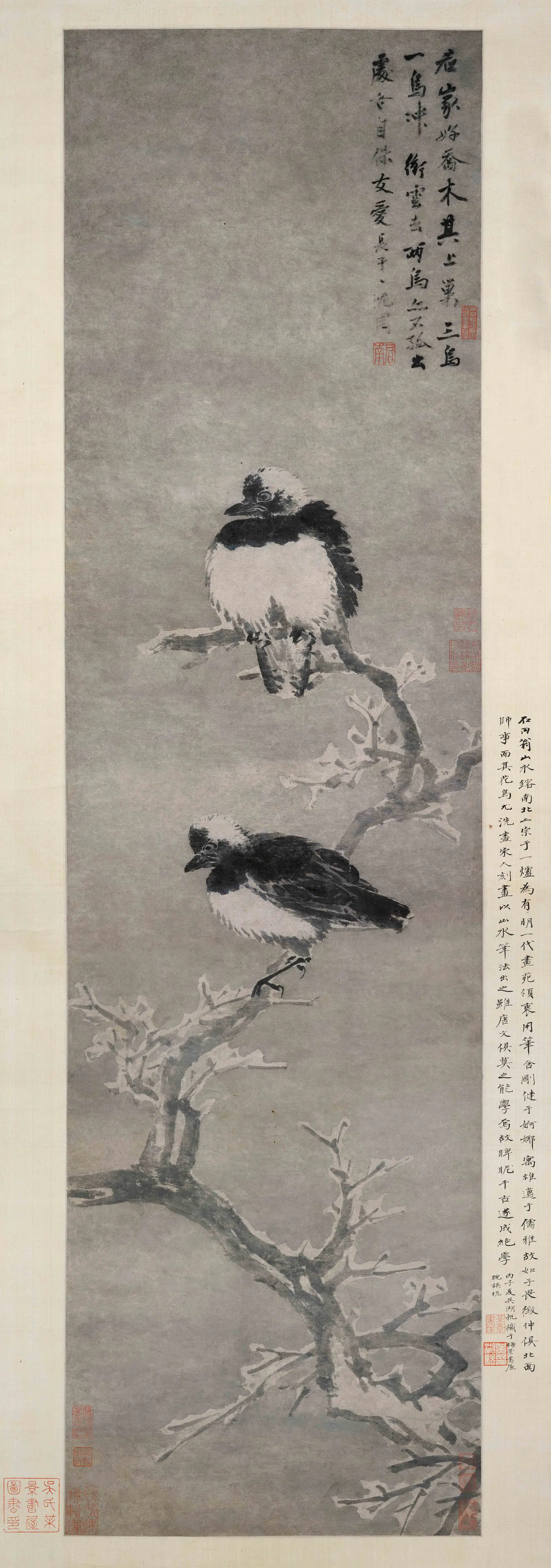 明朝【沈周】《雪树双鸦图轴》