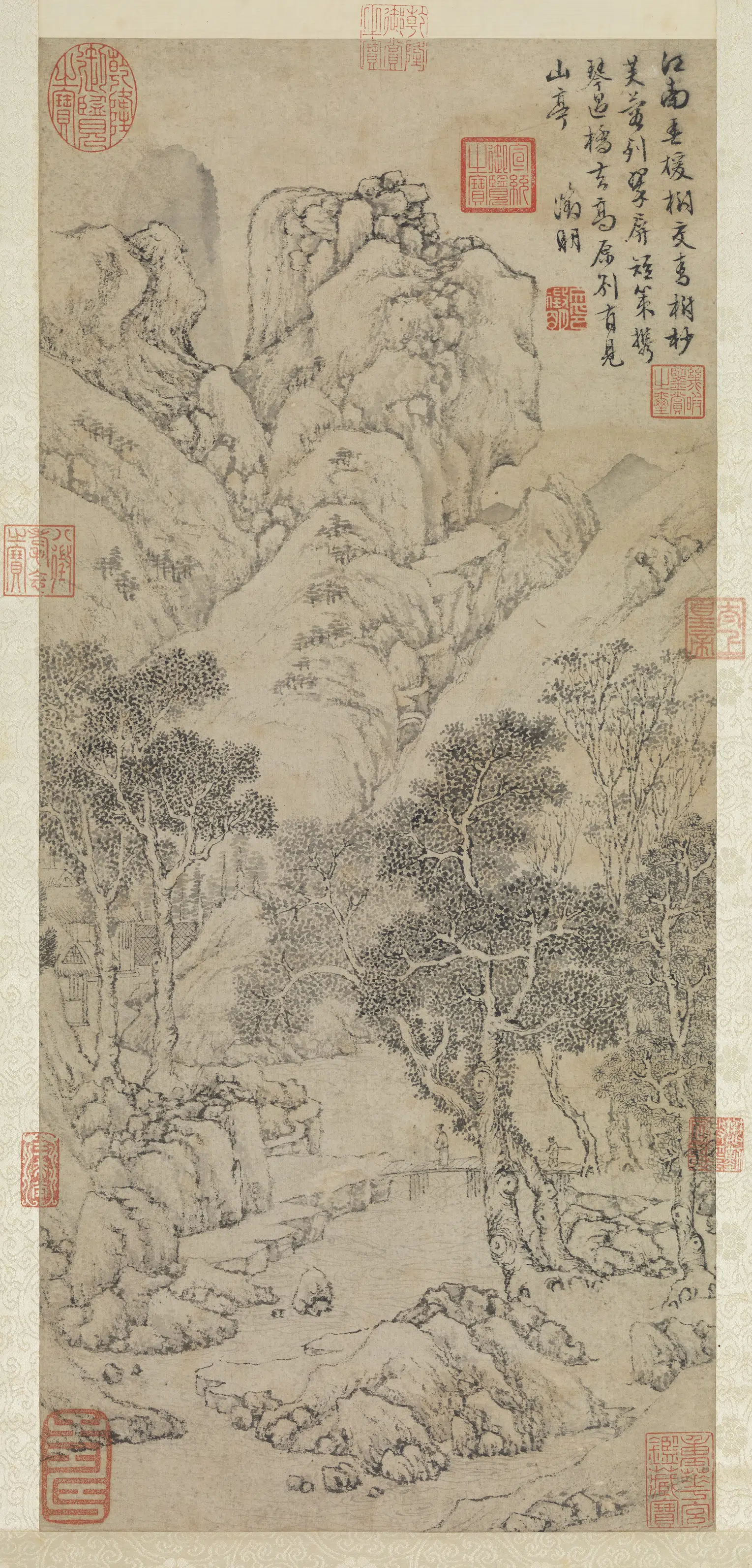 明朝【文征明徵明】《春林策杖图轴》
