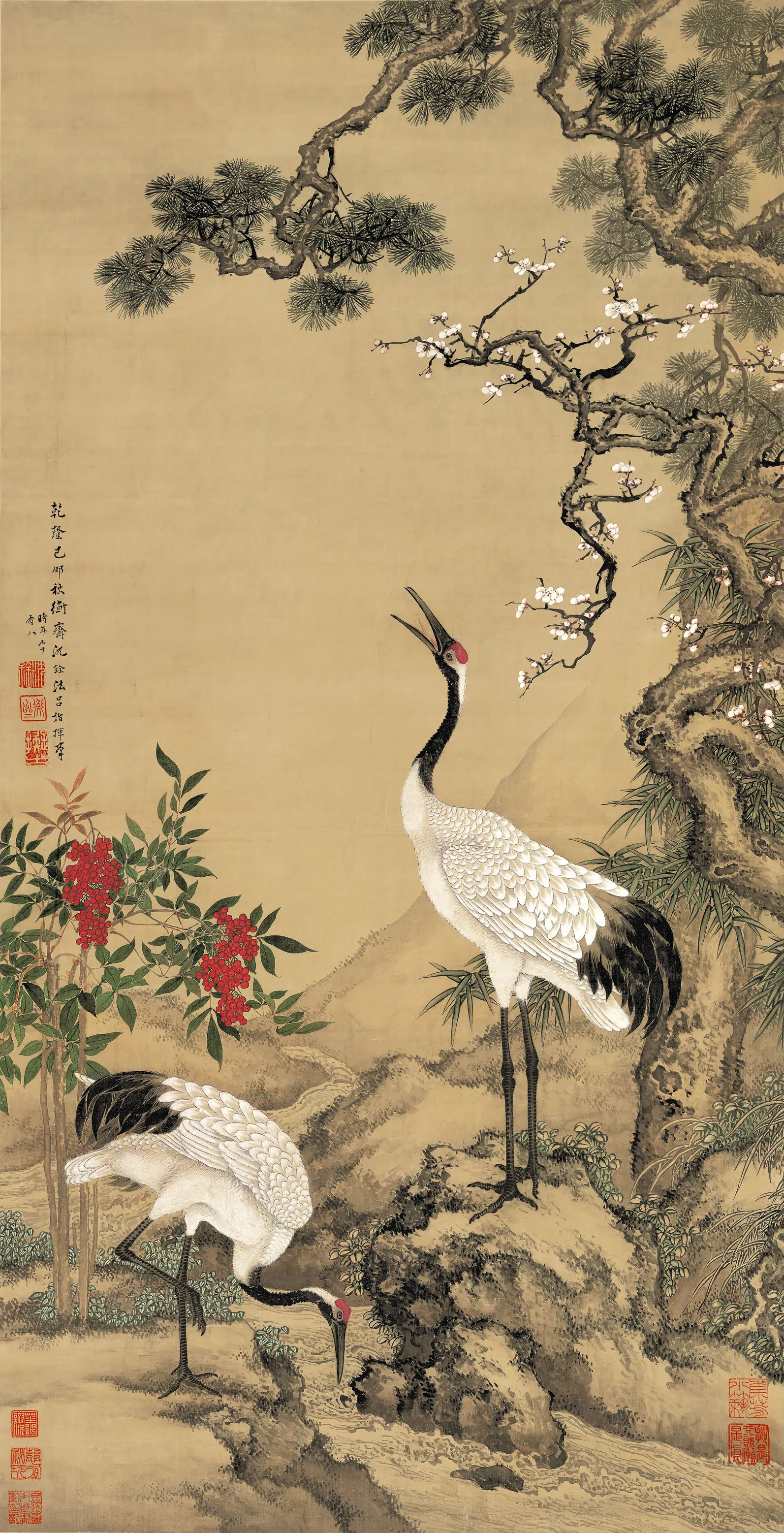 清代【沈铨】《松梅双鹤图》
