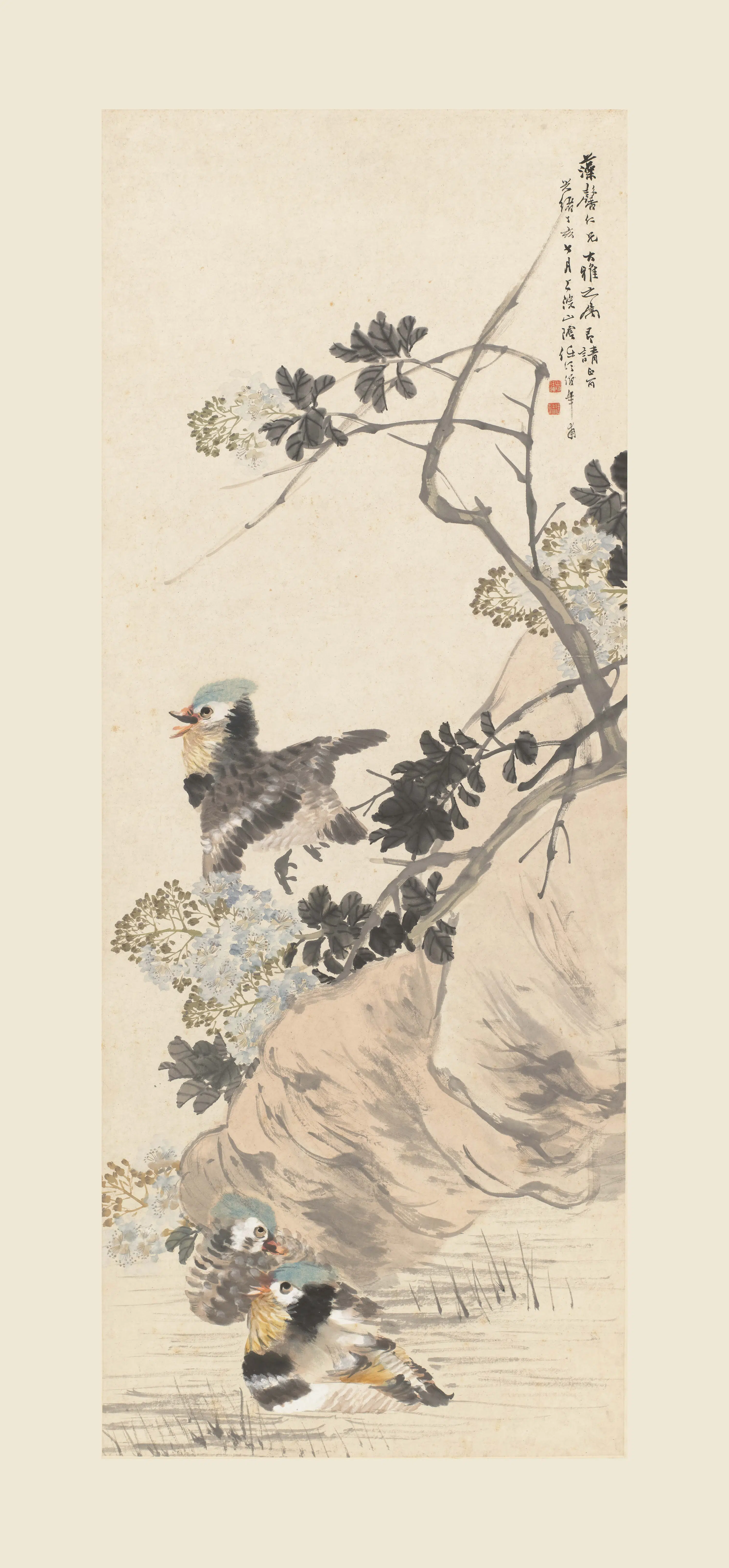 清代【任伯年（任颐）】《紫薇鸳鸯图轴》