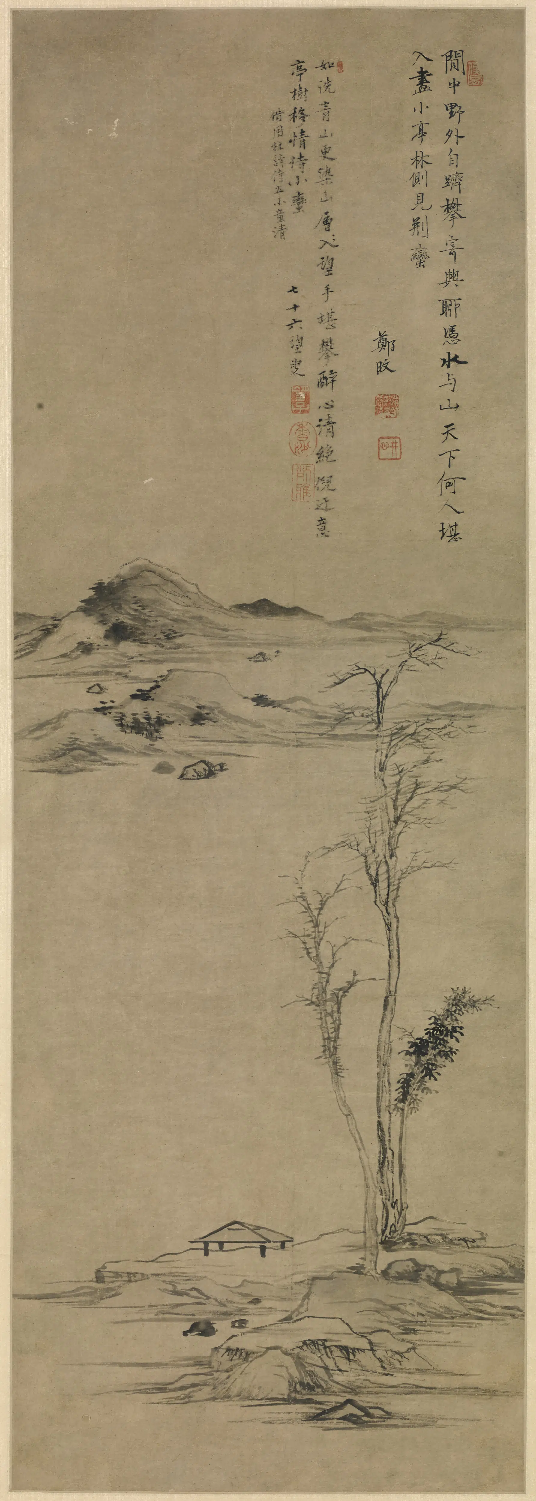 清代【郑旼】《疏林小亭图轴》