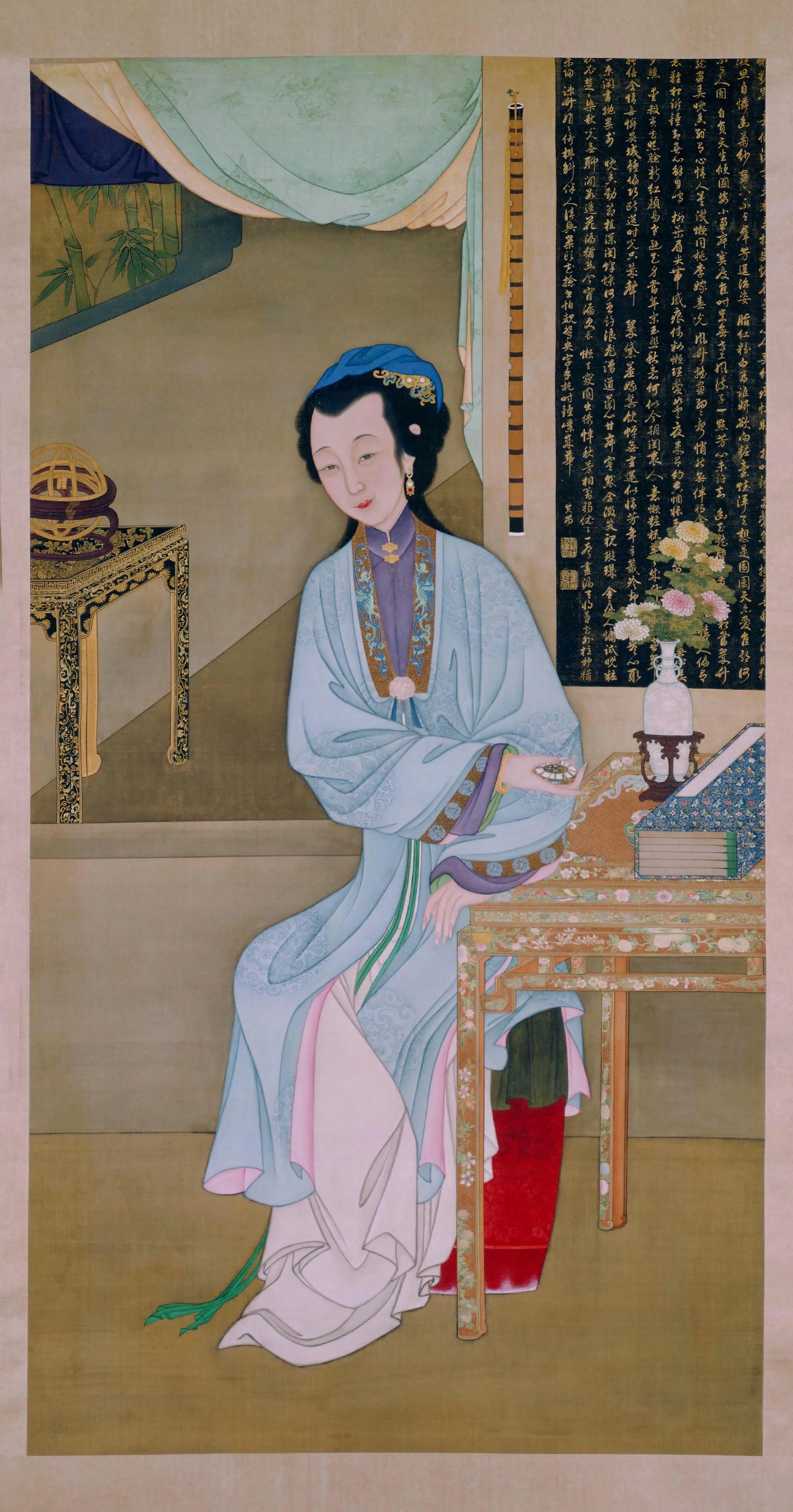 清代【佚名】《雍亲王题书堂深居图屏•持表对菊轴》