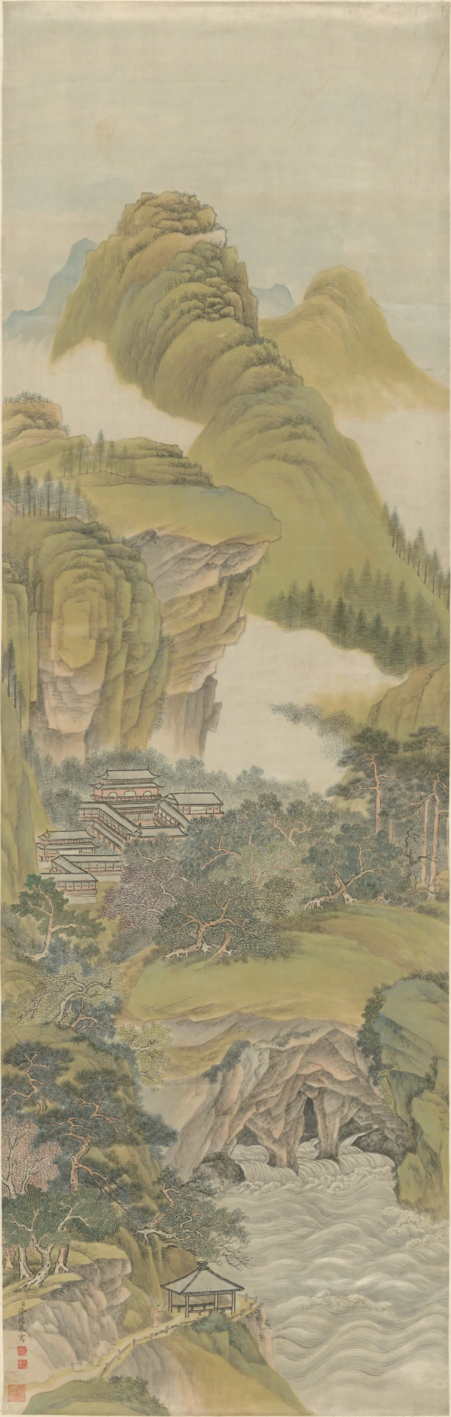 清代【徐扬】《云山观瀑图轴》