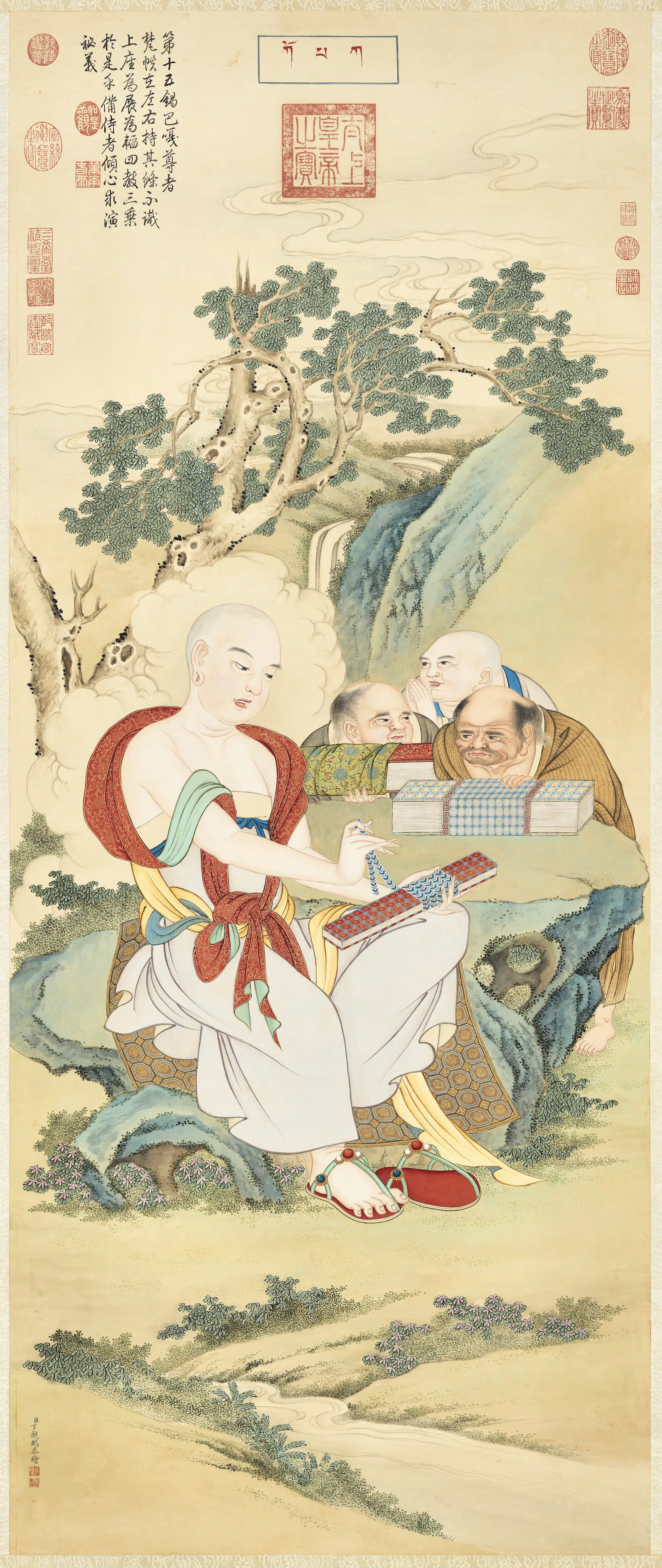 清代【丁观鹏】《十六应真像（十五）第十五锅巴嘎尊者图轴》