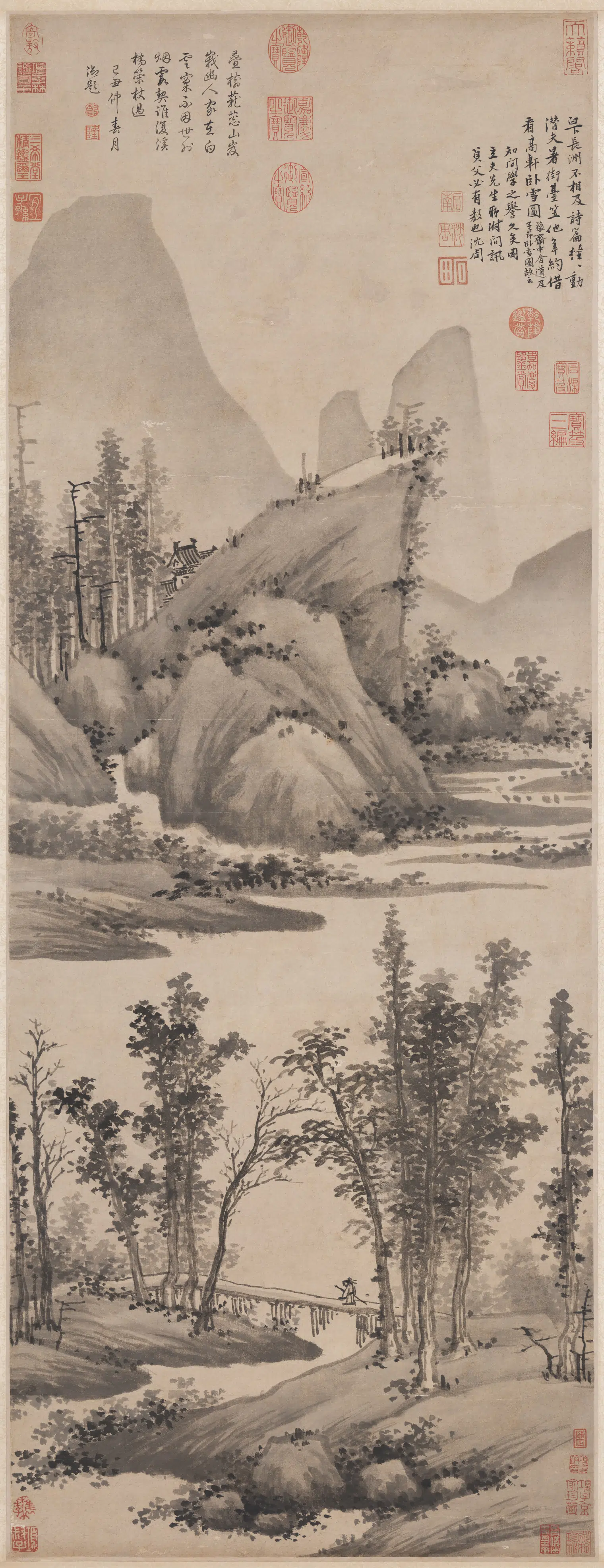 明朝【沈周】《溪桥访友图轴》