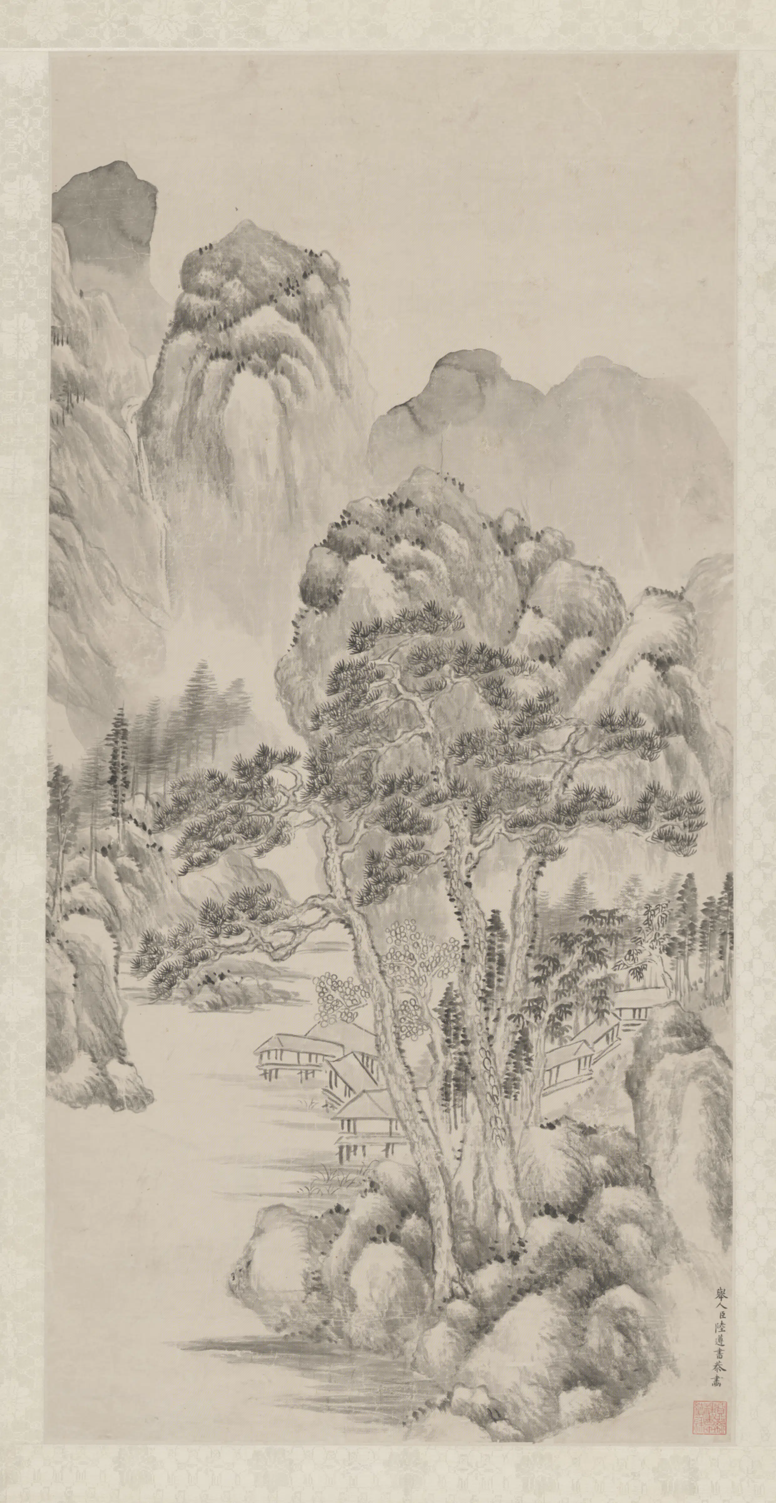清代【陆遵书】《松溪水阁图轴》