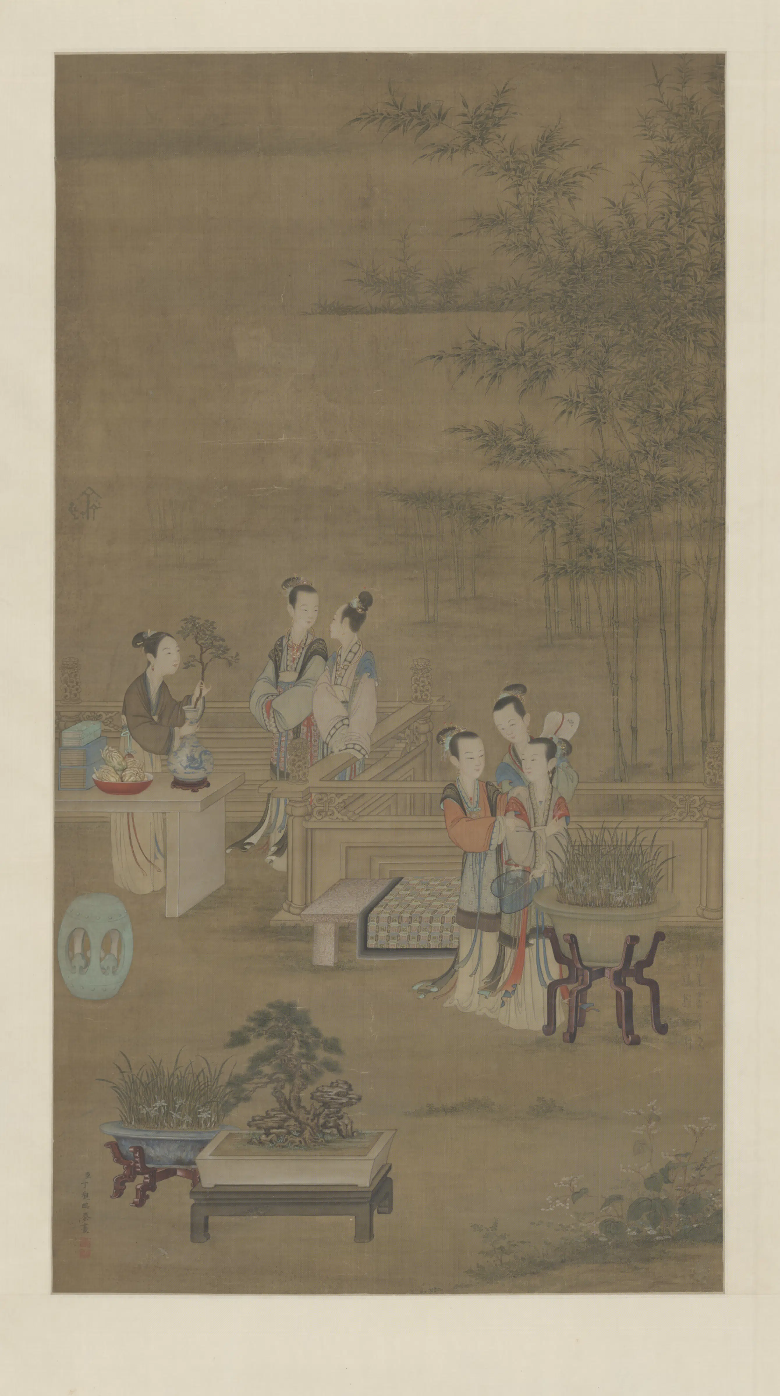 清代【丁观鹏】《画宫妃话宠图轴》