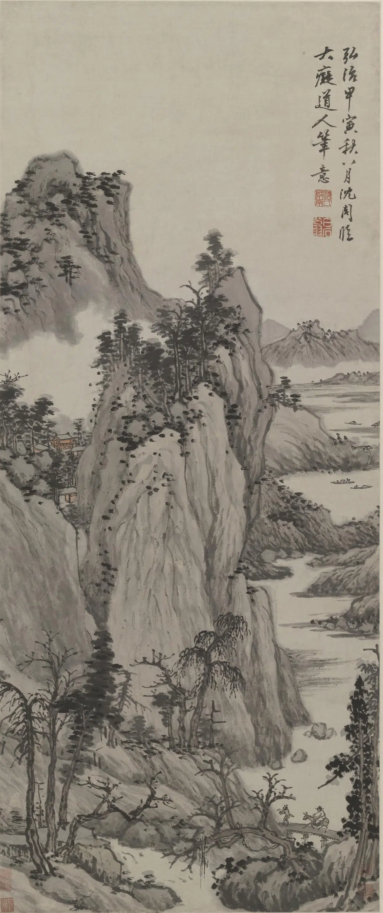 明朝【沈周】《临大痴山水轴》