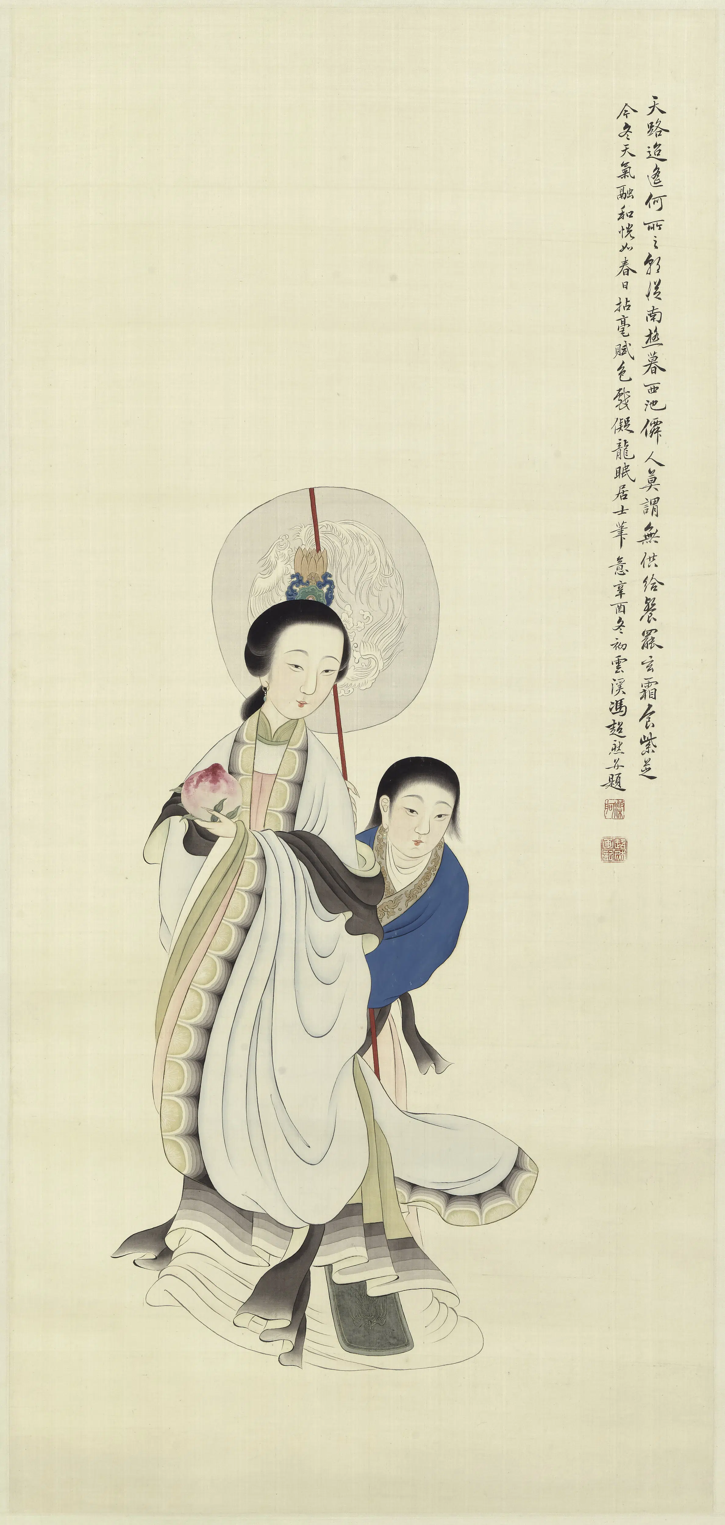 近现代【冯超然（冯迥）】《仙女捧桃图轴》