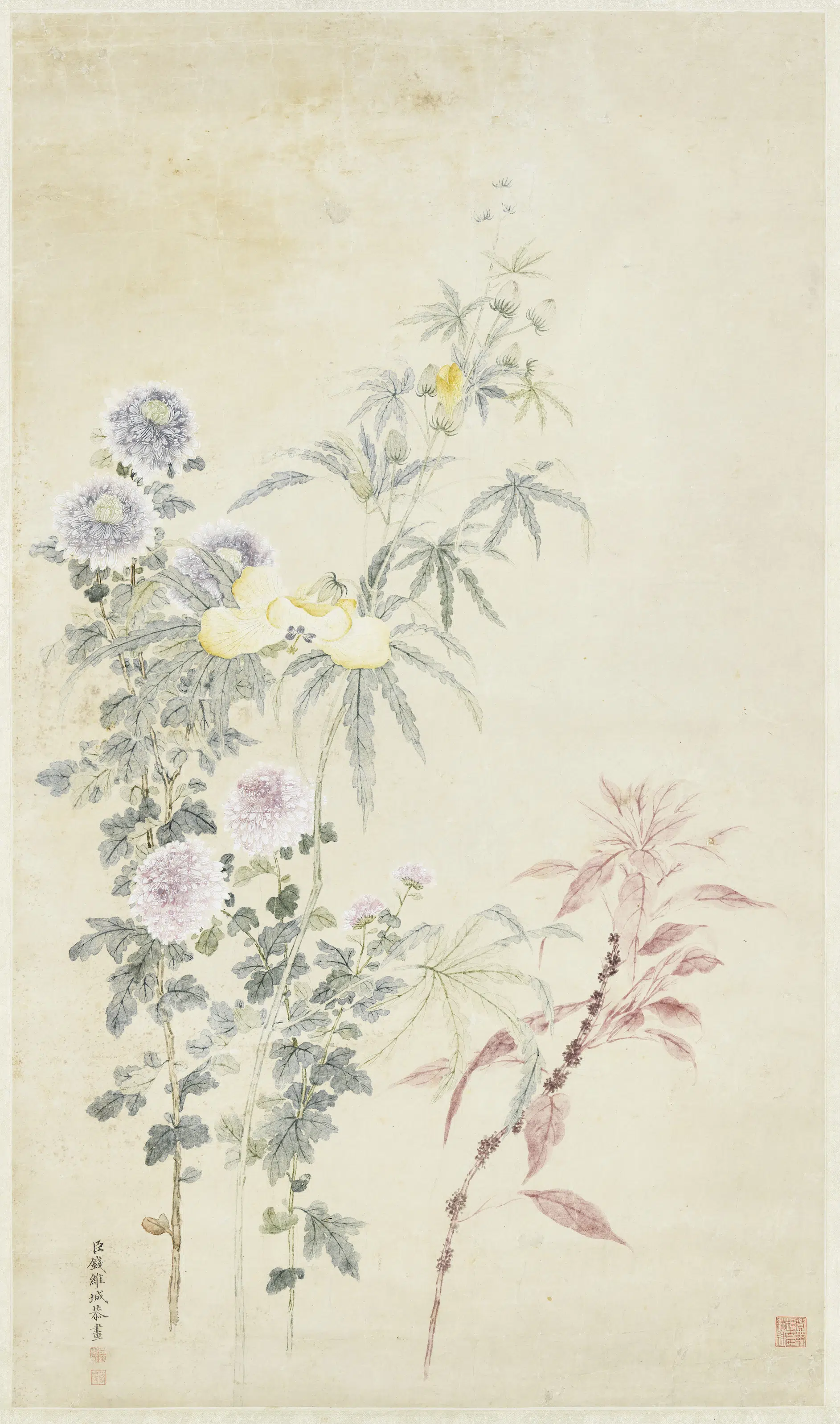 清代【钱维城】《菊花雁来红图轴》