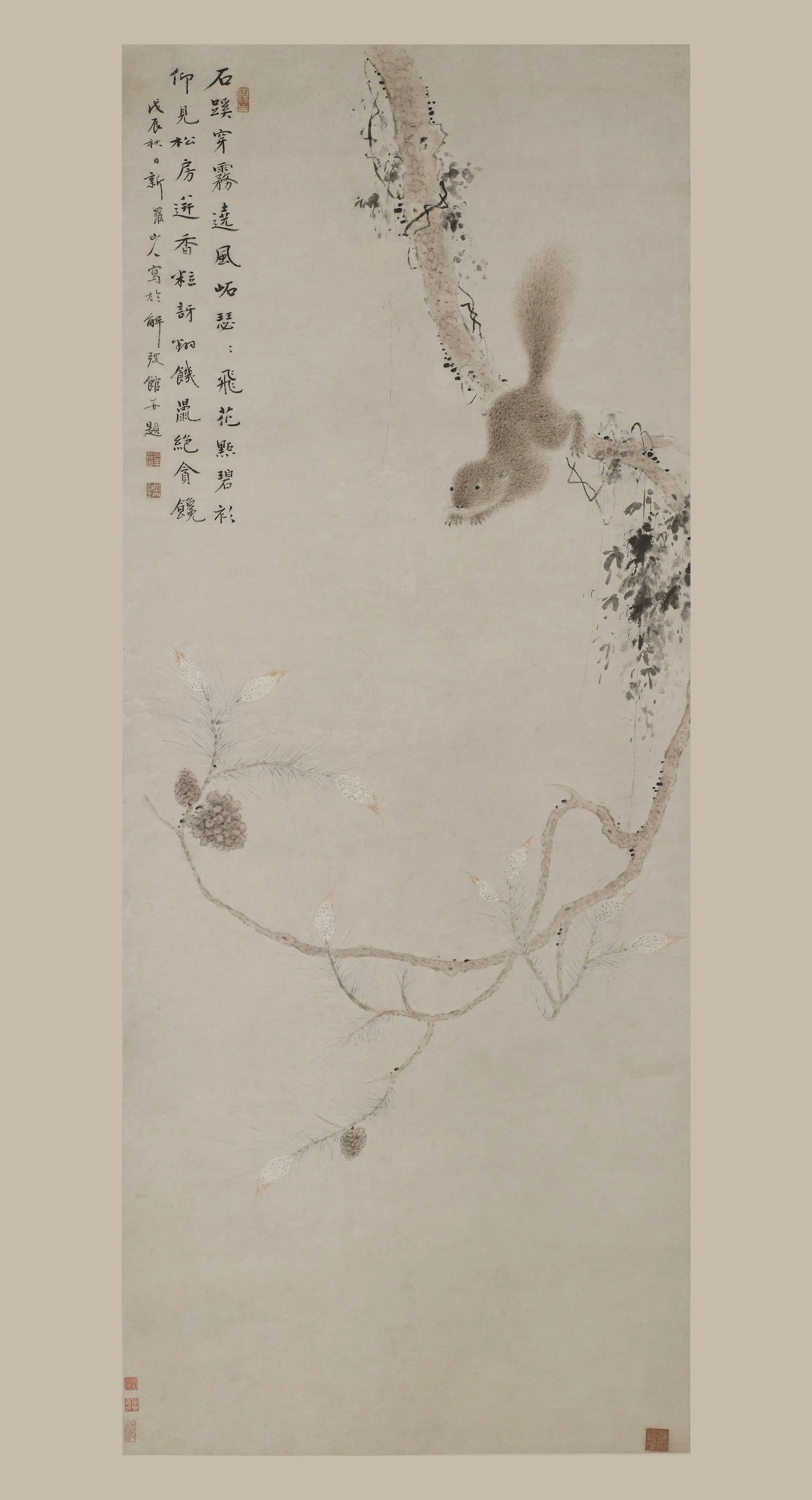 清代【华喦（华岩)】《松房饥鼠图轴》