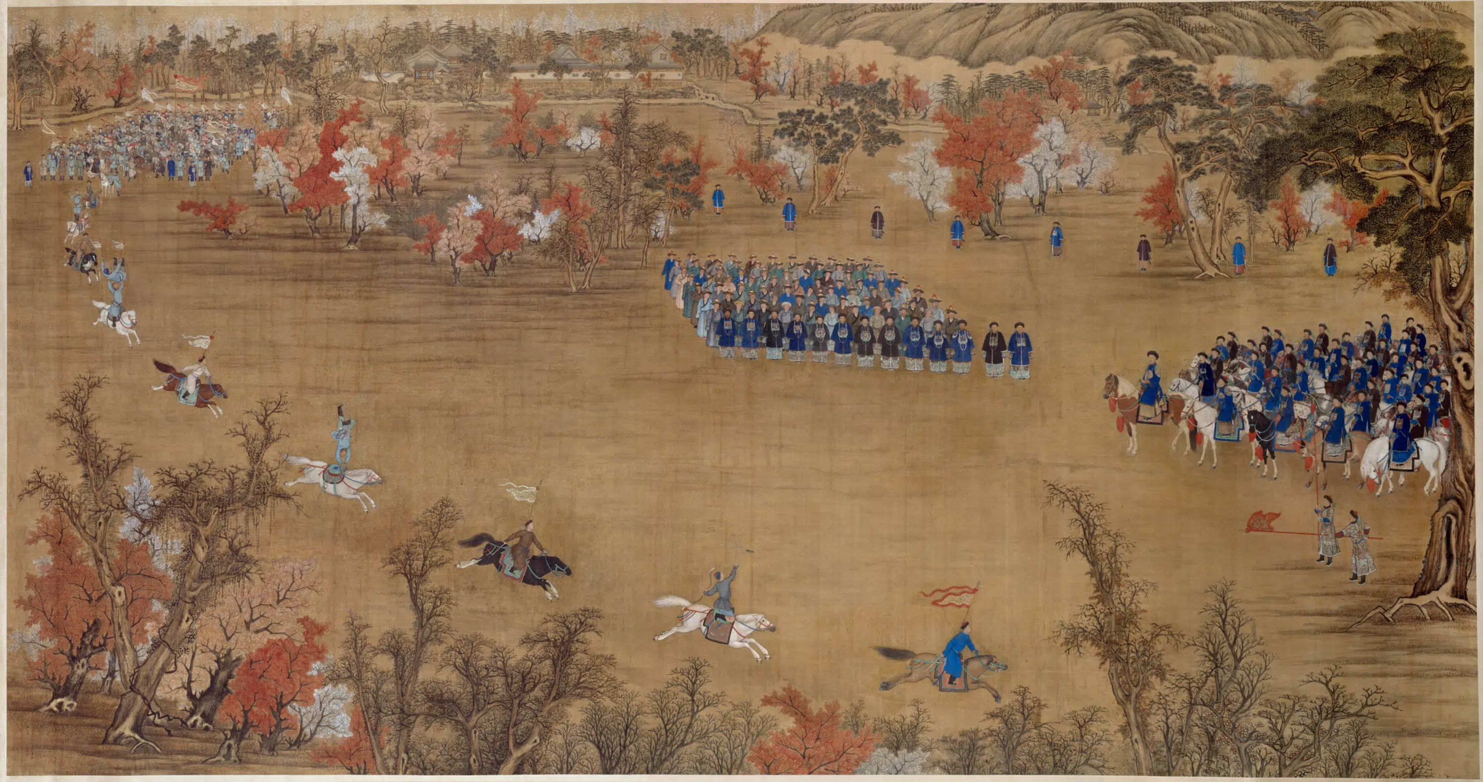 清代【郎世宁】《弘历观马技图像横轴》