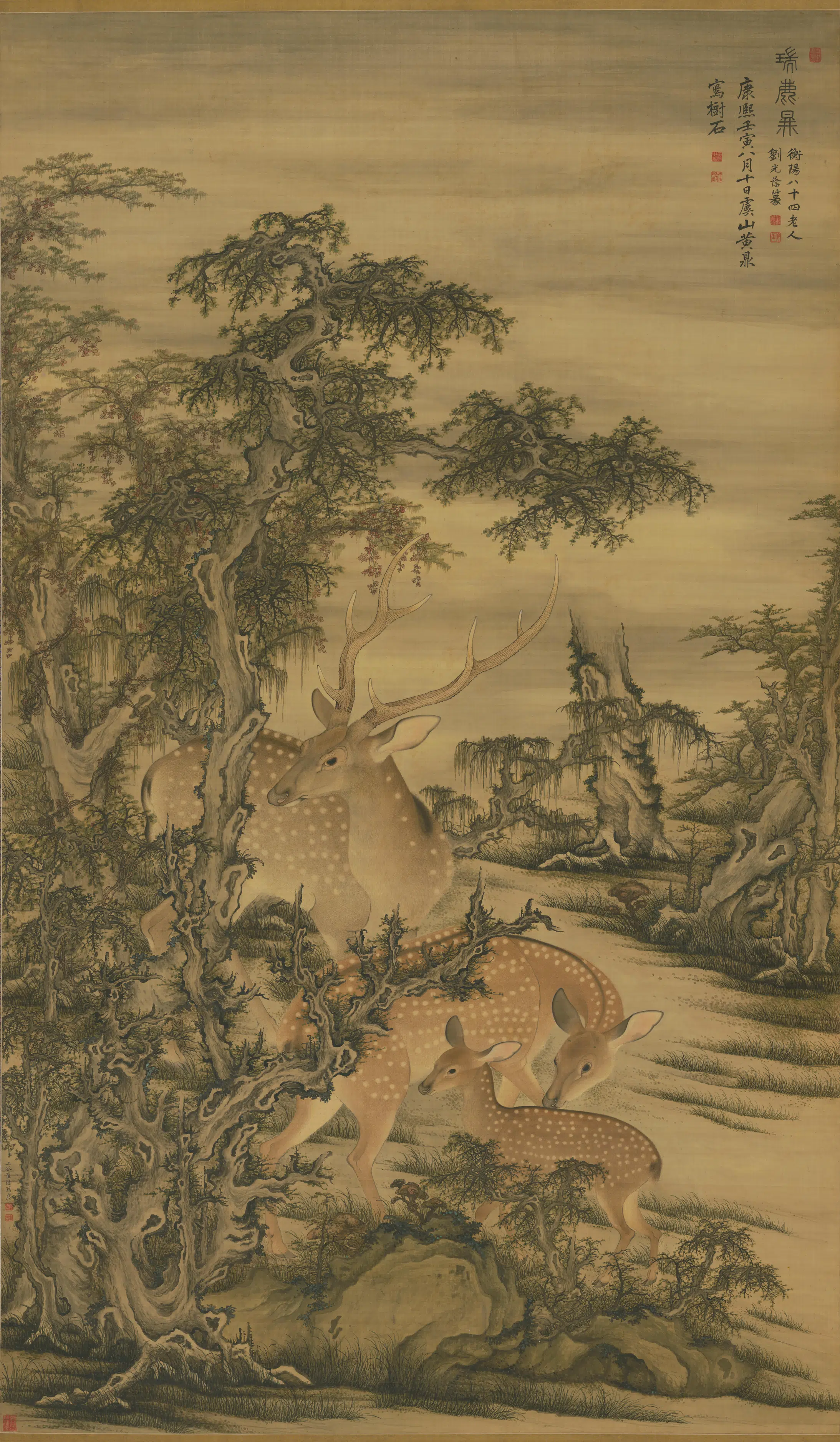 清代【黄鼎】《崔鏏合画瑞鹿图轴》