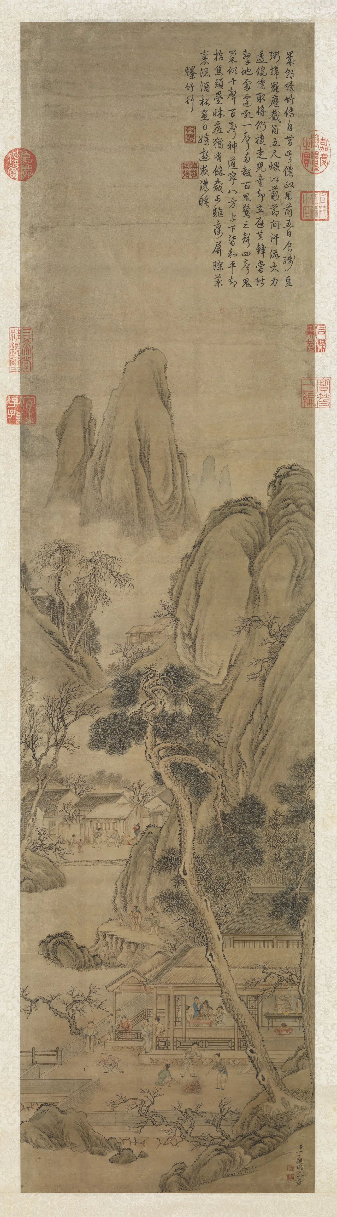 清代【丁观鹏】《绘高宗御题范成大爆竹行图轴》