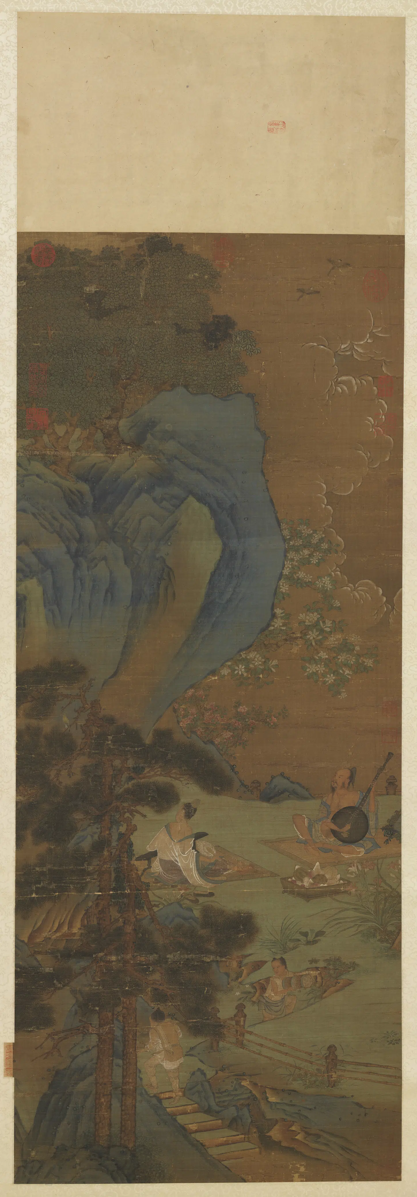 南宋【赵伯驹】《停琴摘阮图轴》