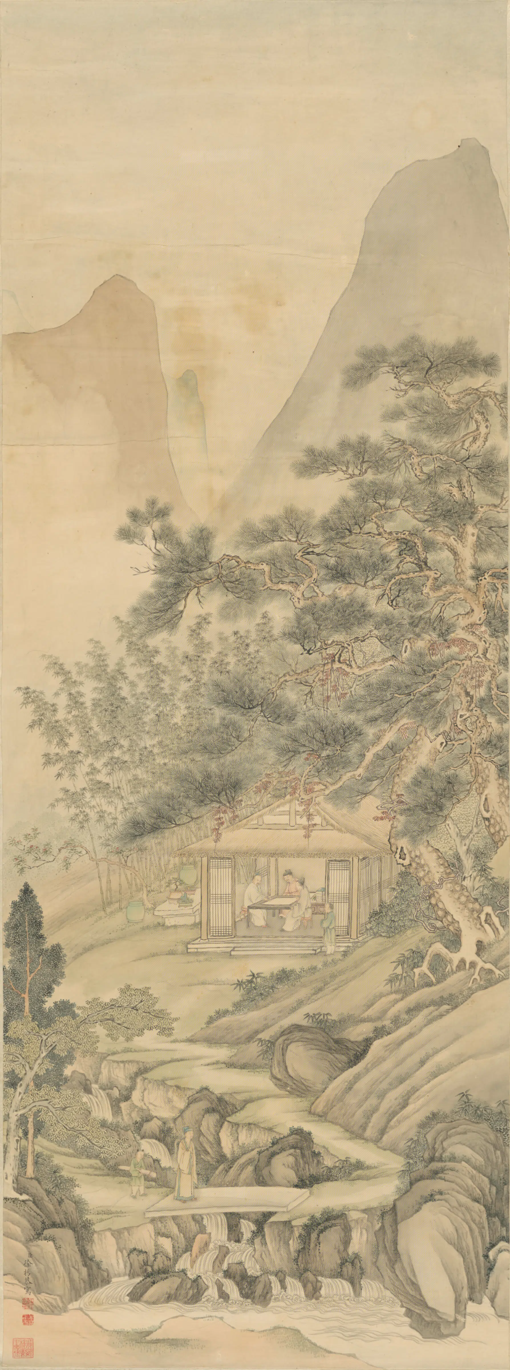 清代【徐扬】《山斋对奕图轴》