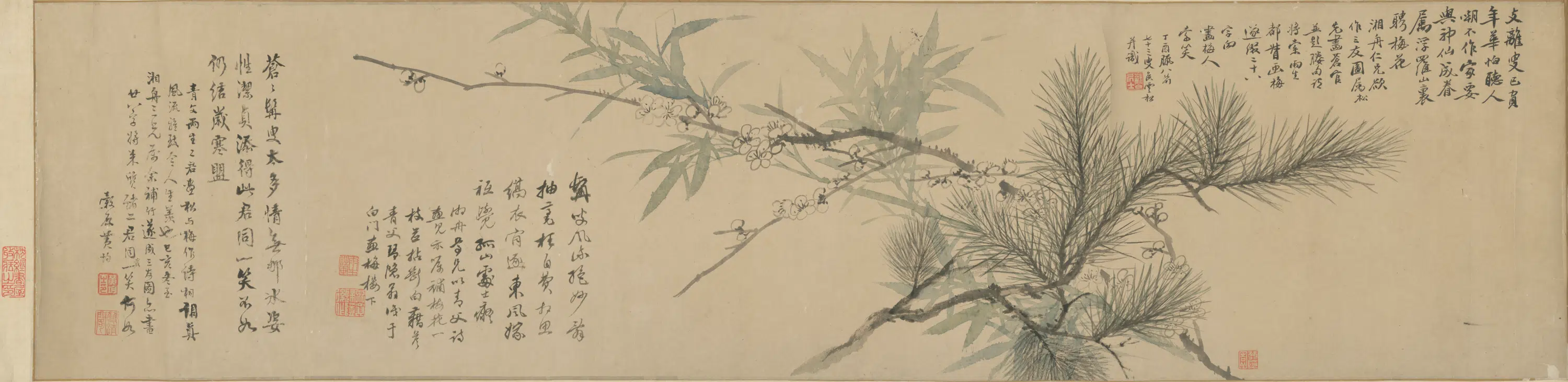 清代【黄均】《汤贻芬侯云松等三家合画三友图轴》 第1张 清代【黄均】《汤贻芬侯云松等三家合画三友图轴》 第1张