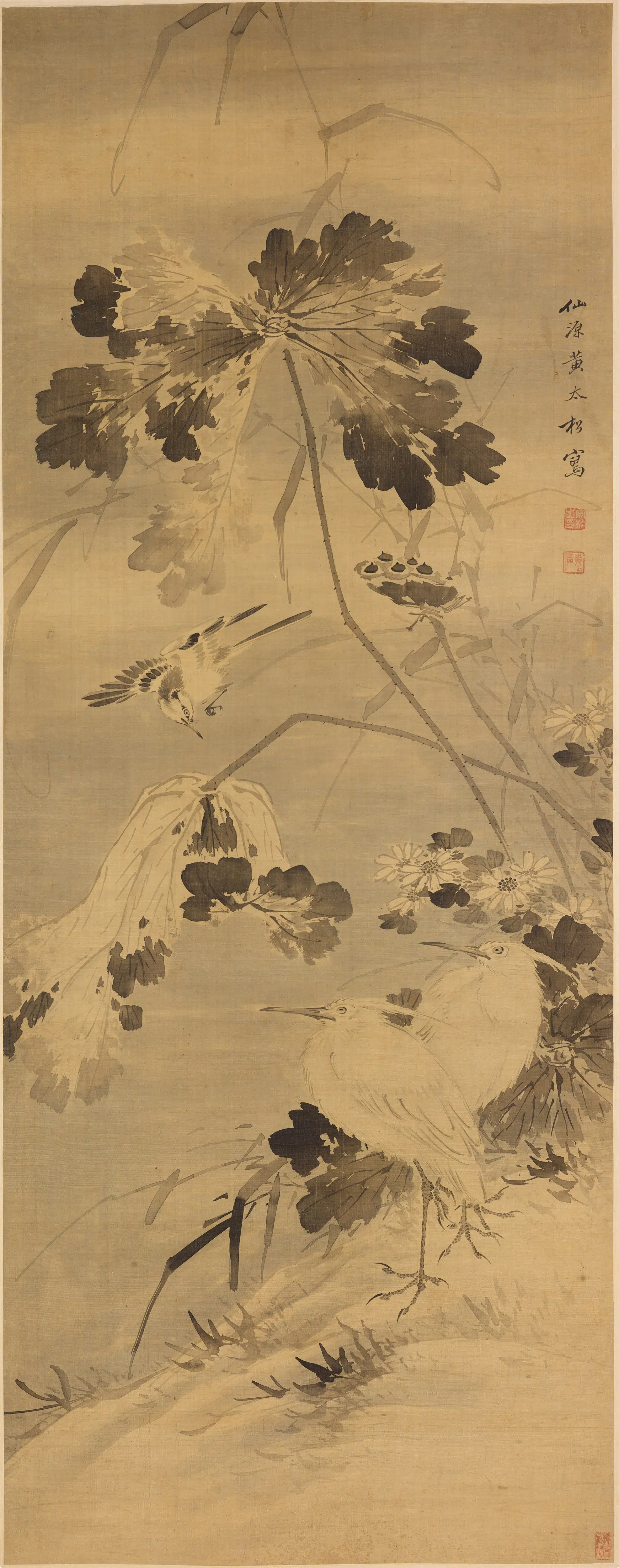 清代【黄松】《秋塘鹭鸶图轴》