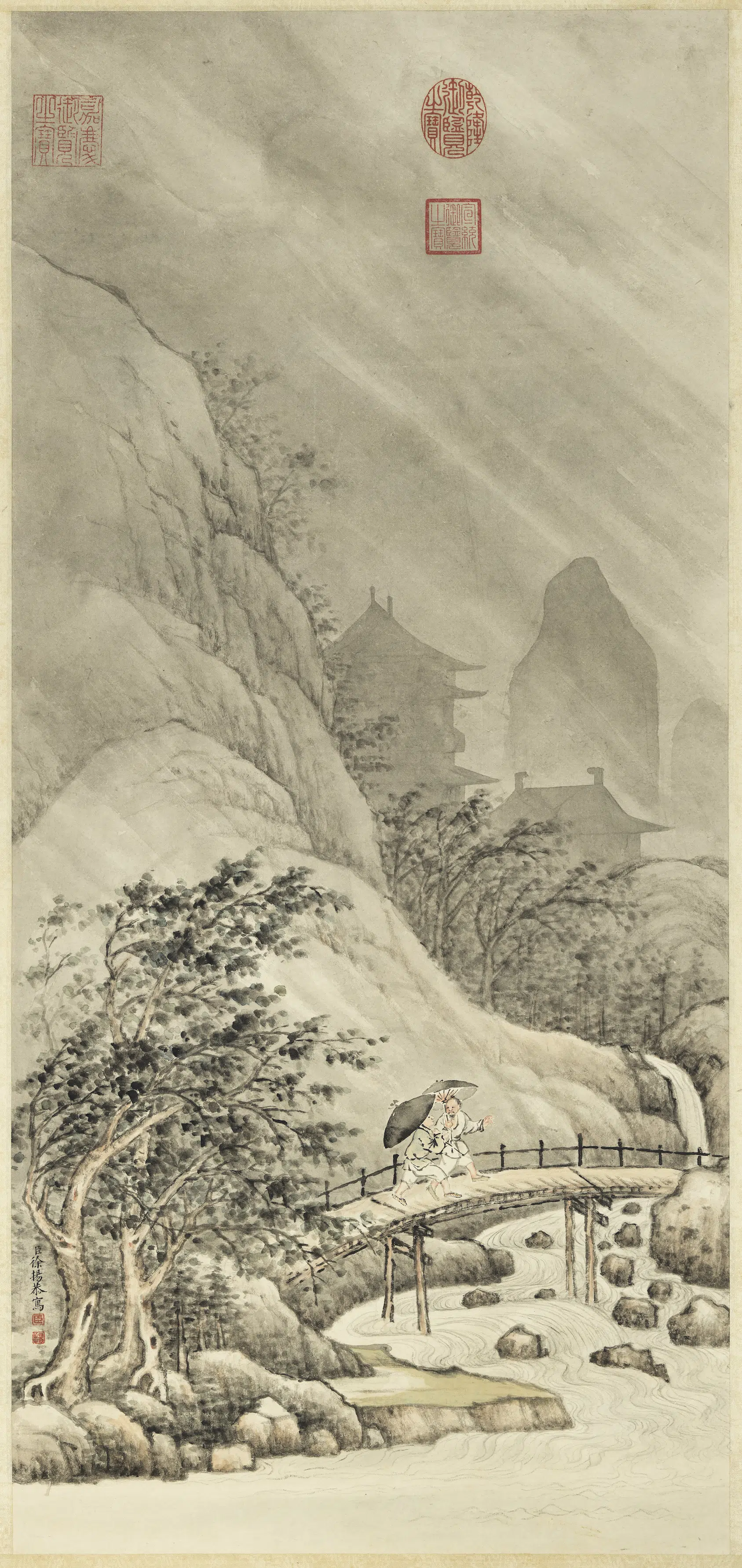 清代【徐扬】《画雨景图轴》 第1张