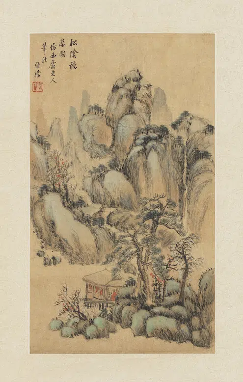 清代【何维朴】《山水二屏图轴松阴听瀑图》