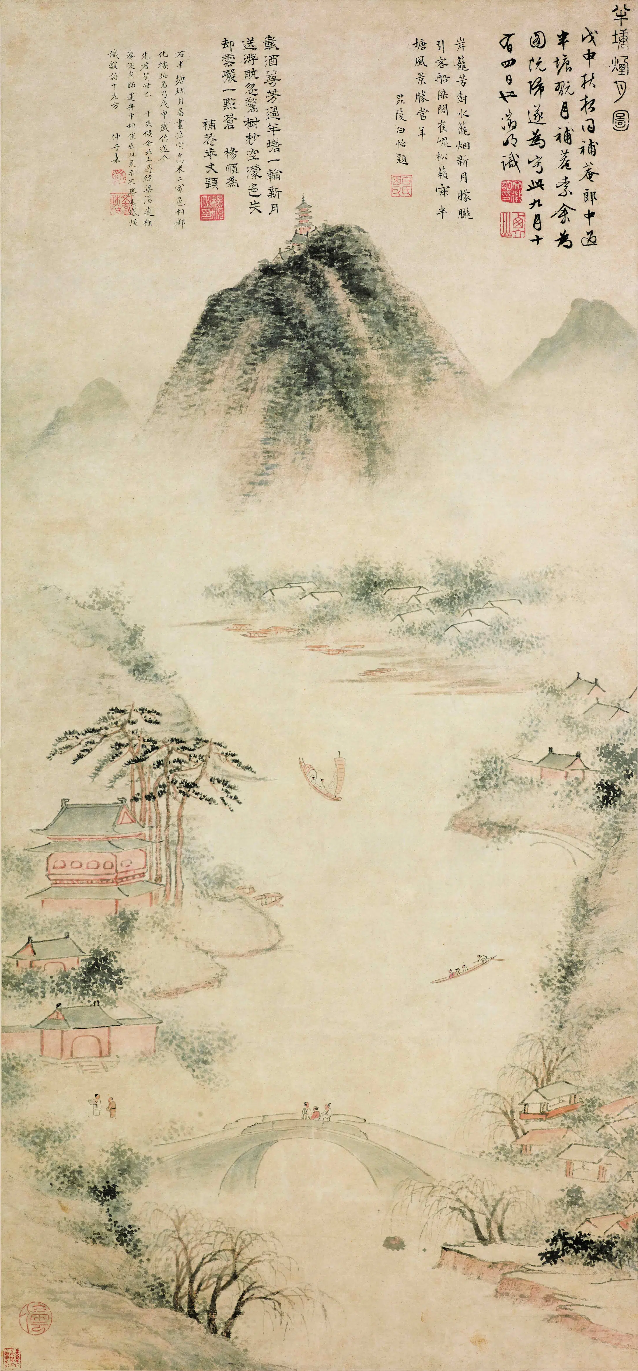 明朝【文徵明（文征明）】《半塘烟月图轴》 第1张