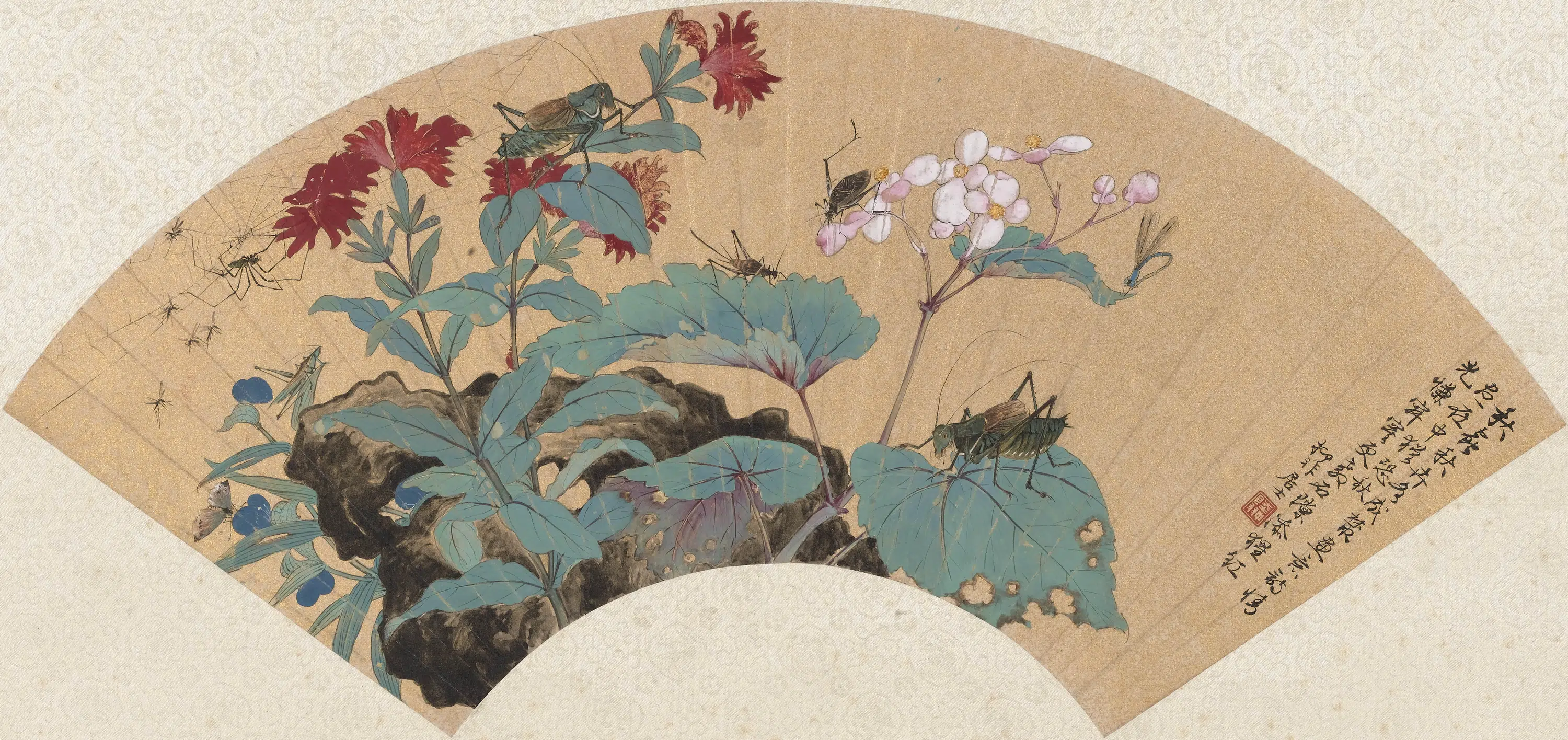 近现代【陆抑非（陆翀）】《花卉草虫扇页》