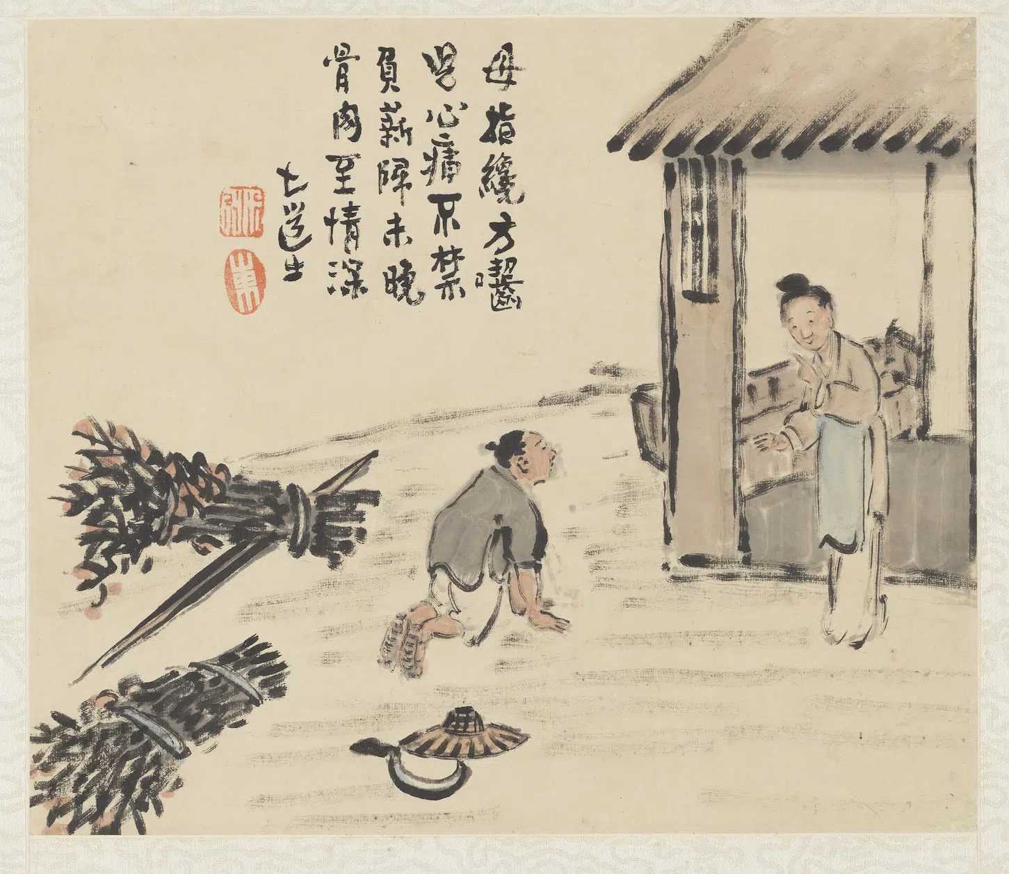 清代【曾衍东】《二十四孝八屏图轴-啮指心痛》
