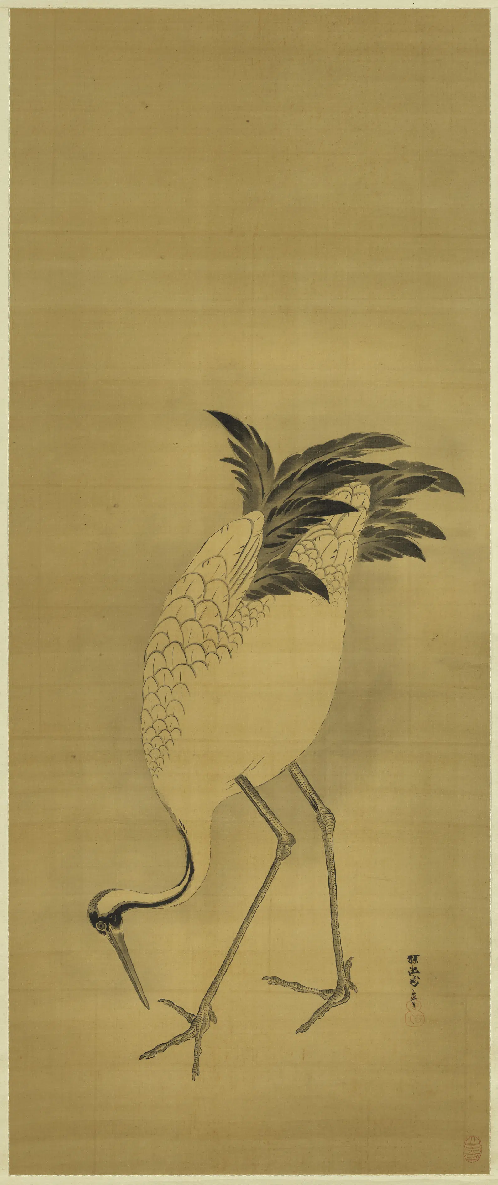日本【狩野探幽（探幽守信）】《老鹤啄苔图轴》