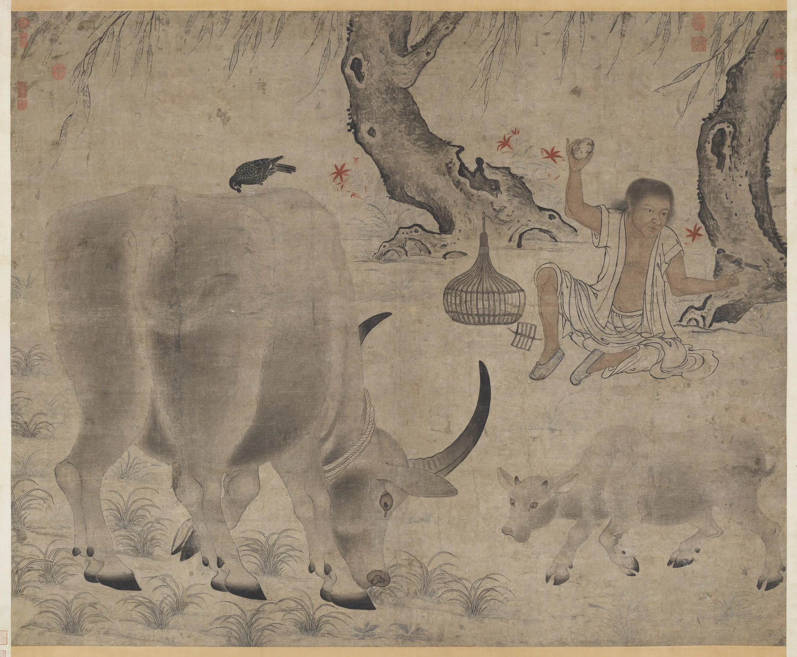 宋代《宋人画子母牛图轴》