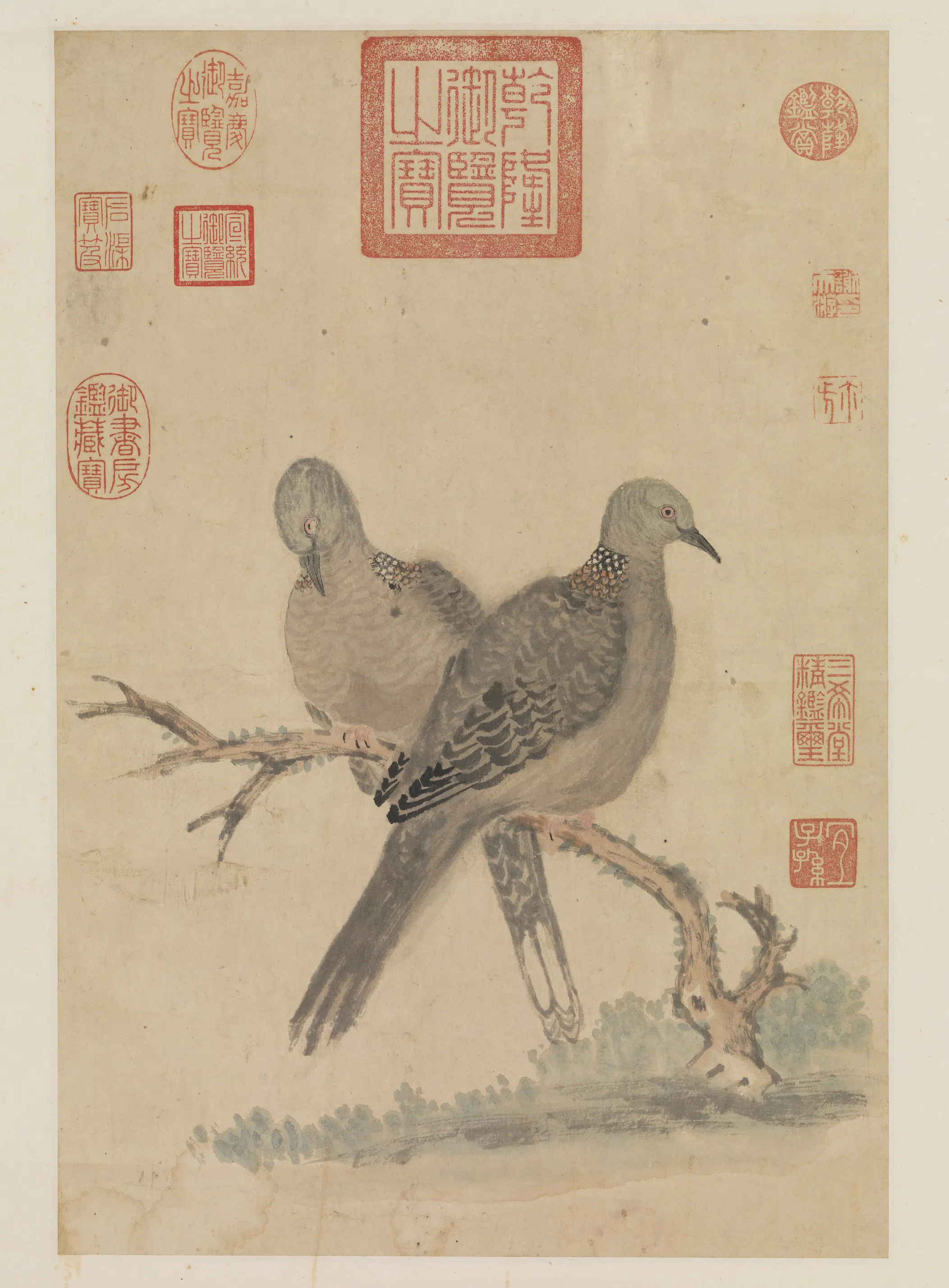 元朝【谢天游】《古木双鸠图轴》 第1张