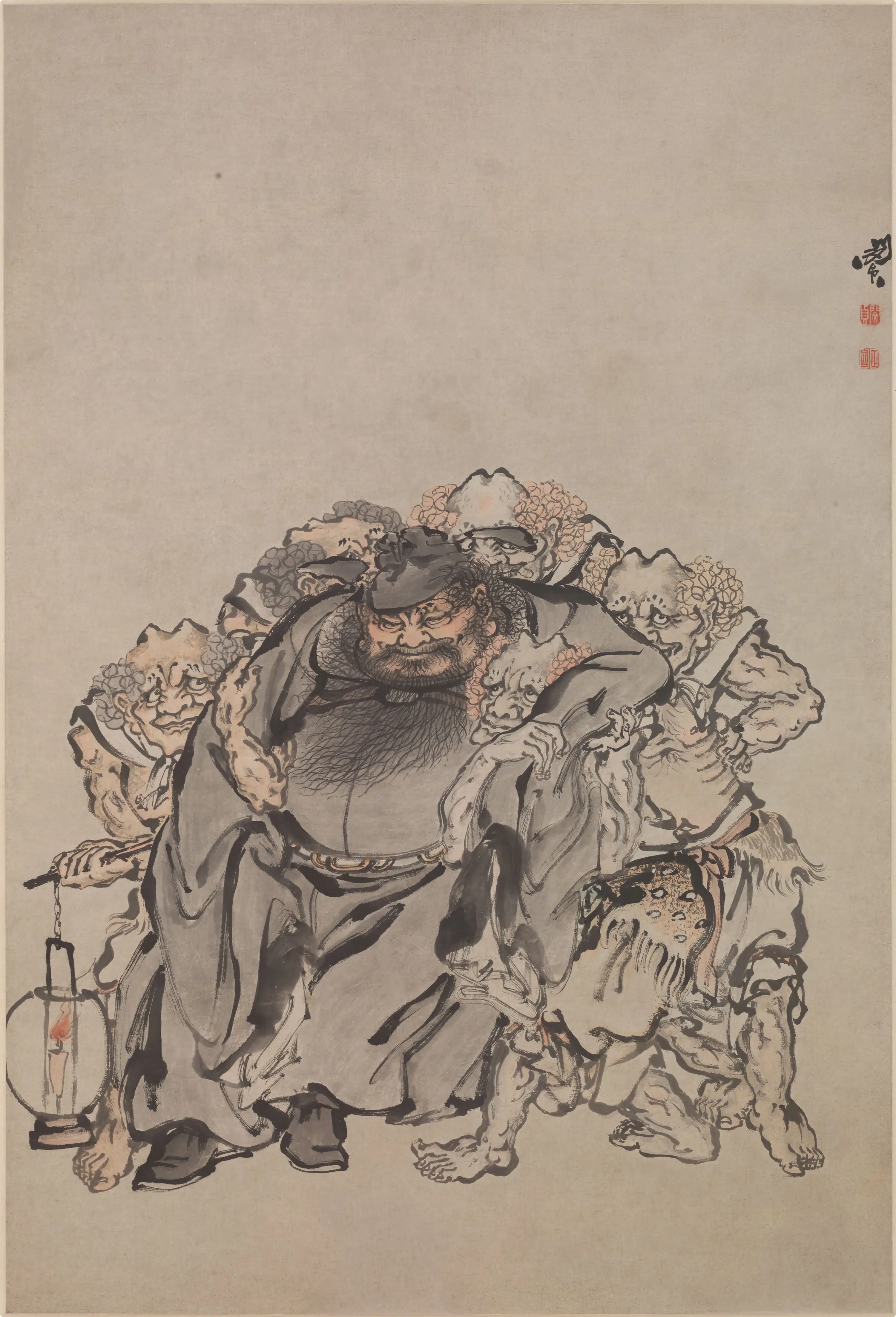 清代【闵贞】《钟馗醉酒图轴》