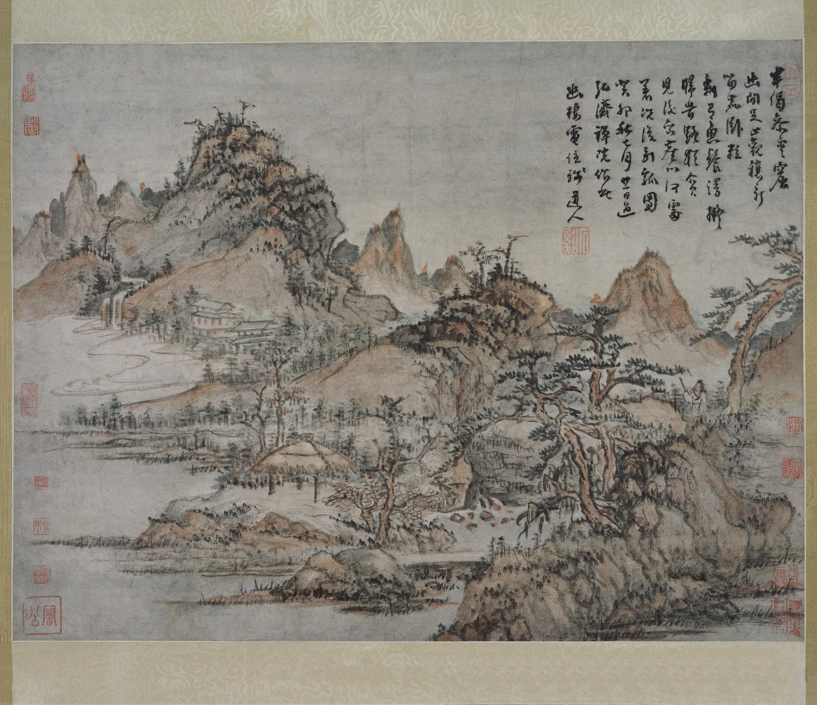 清代【髡残(石谿)】《山寺秋峦图轴》