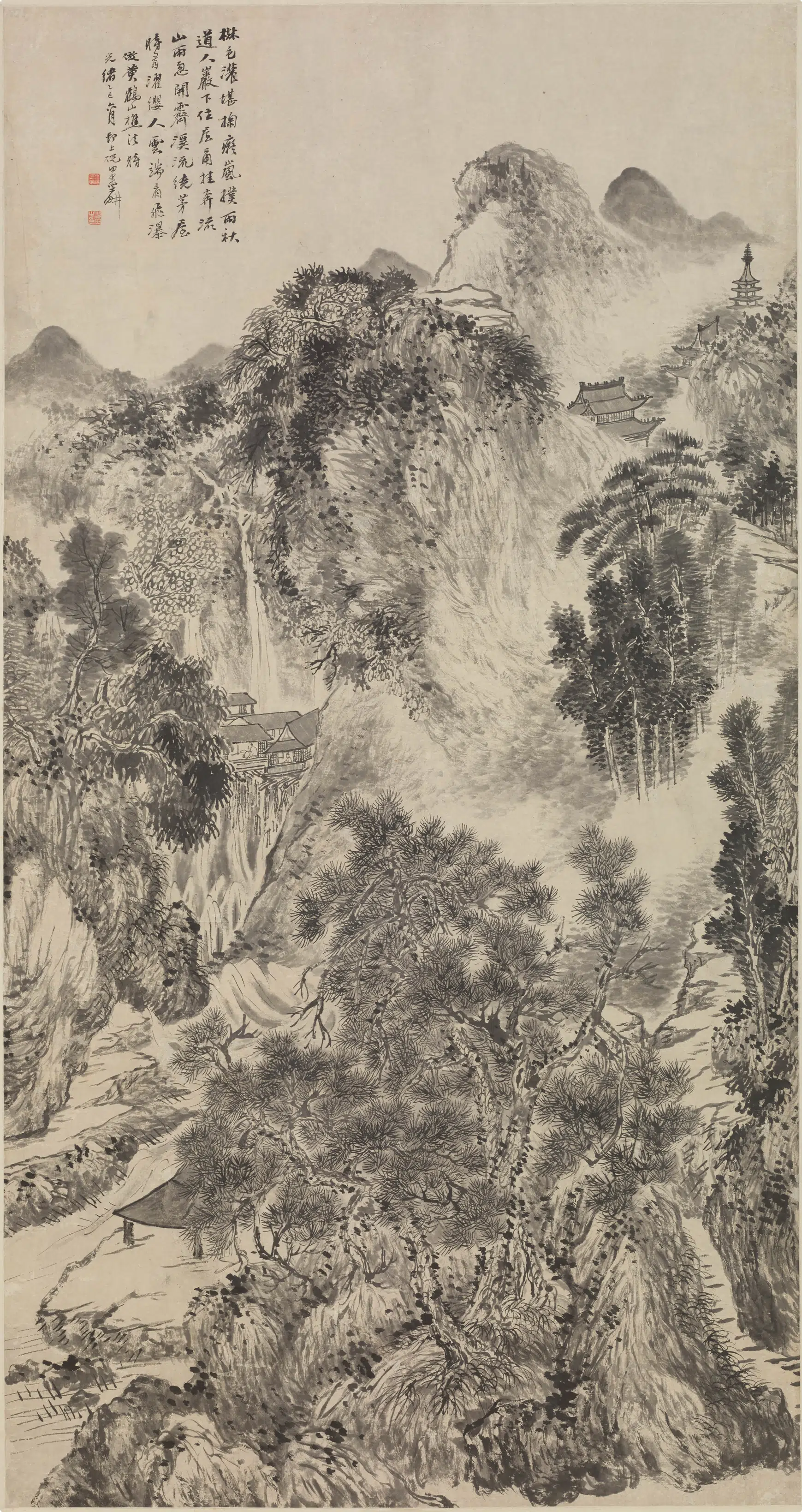 清代【倪田】《松岩飞瀑图轴》