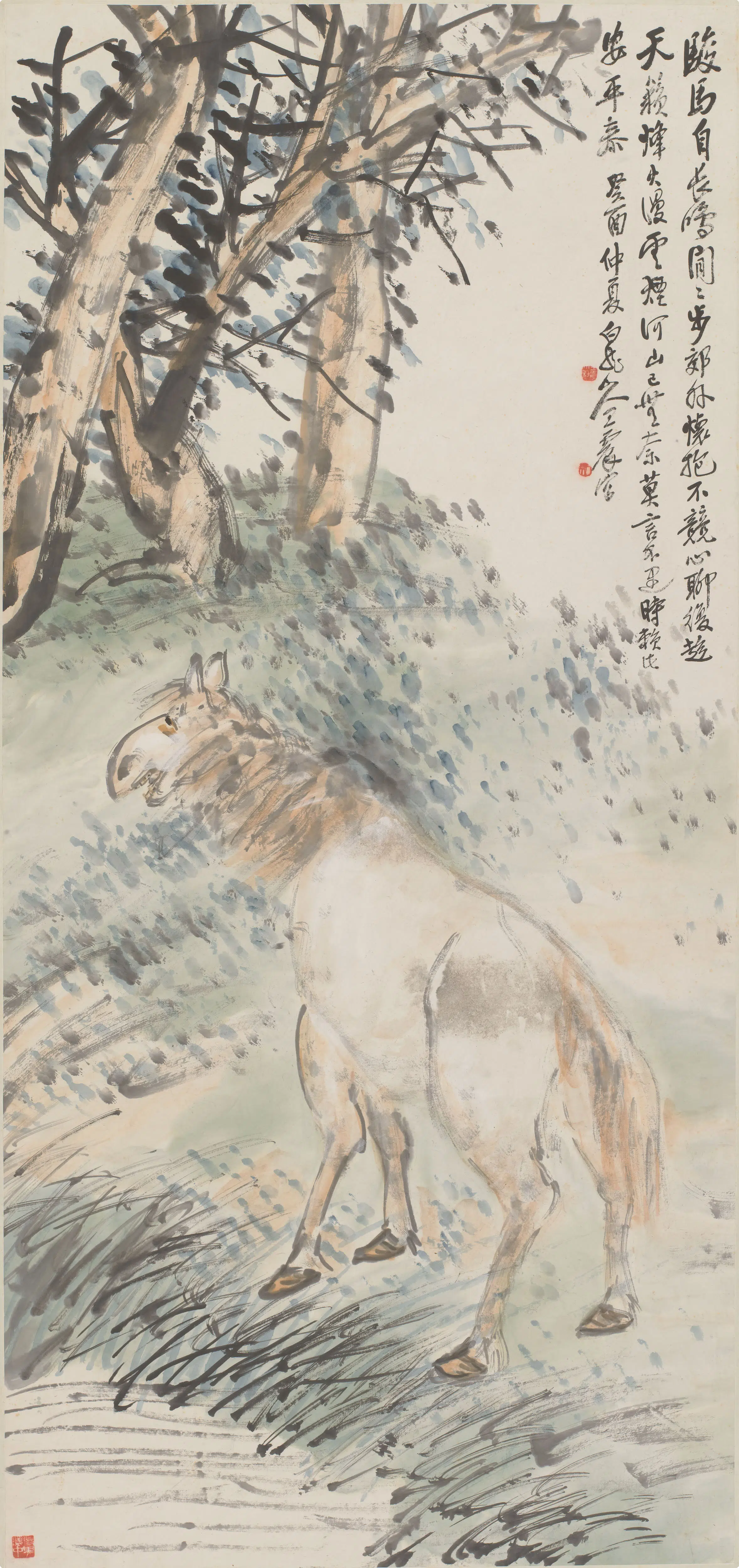 近现代【王震】《寒林嘶马图轴》