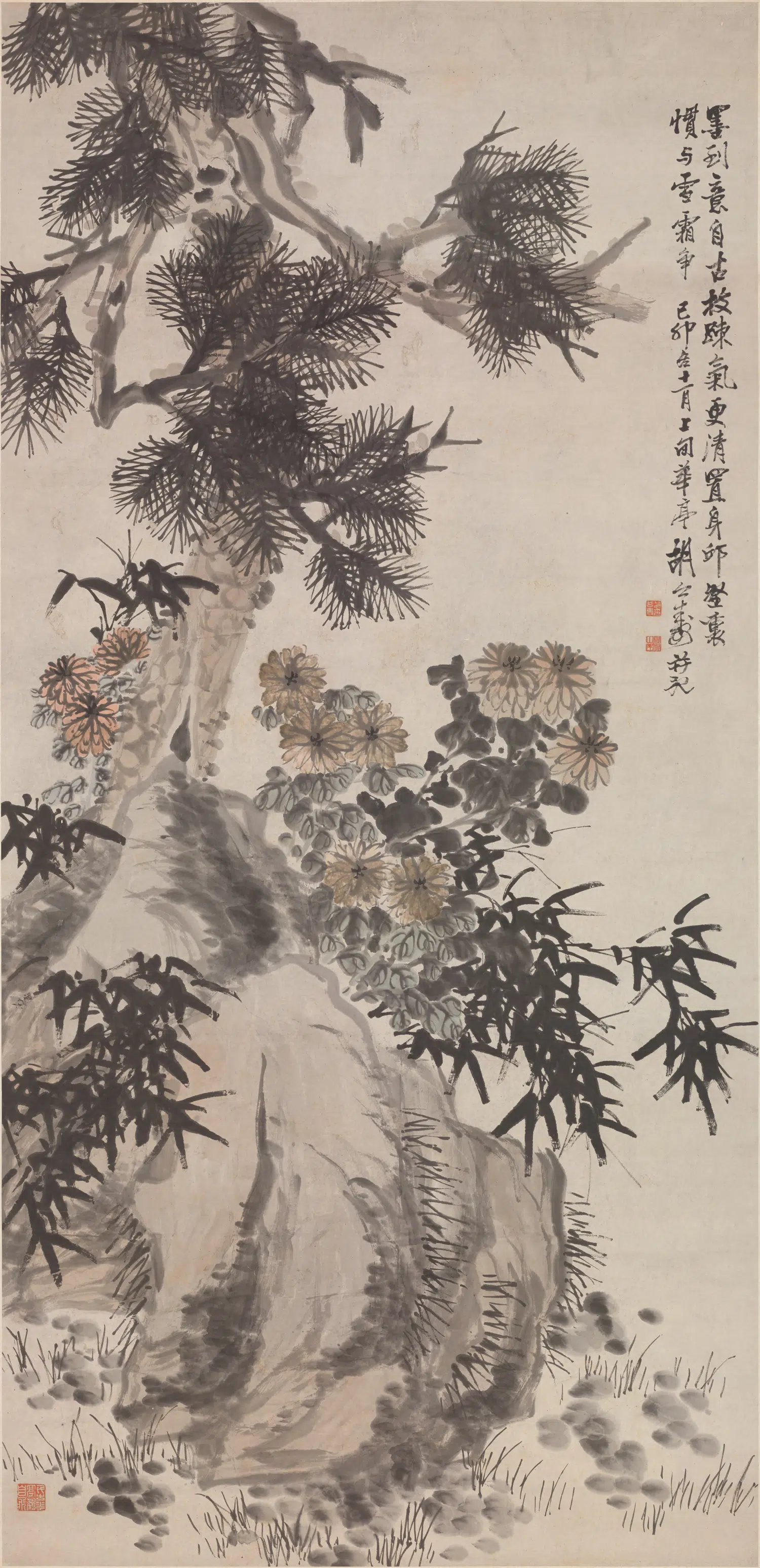 清代【胡远】《松菊竹石图轴》