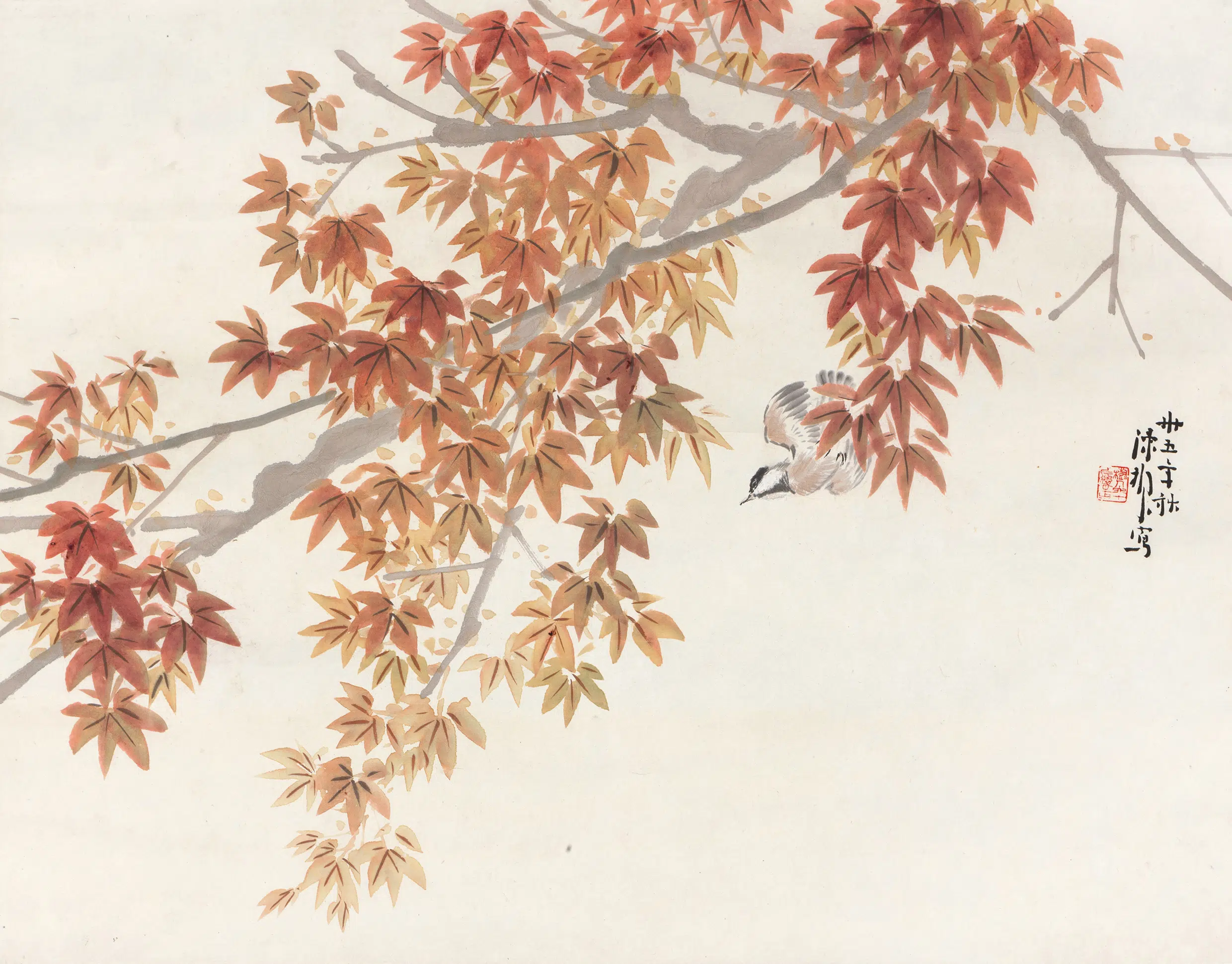 近代【陈树人】《枫叶小禽轴》