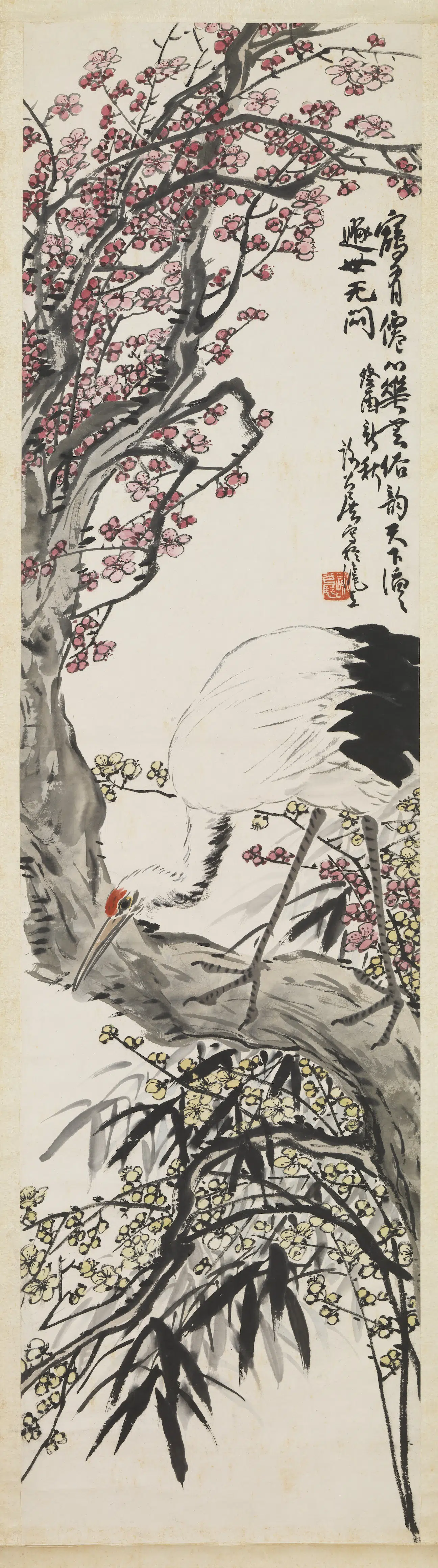 近现代【谢公展】《红梅白鹤图轴》