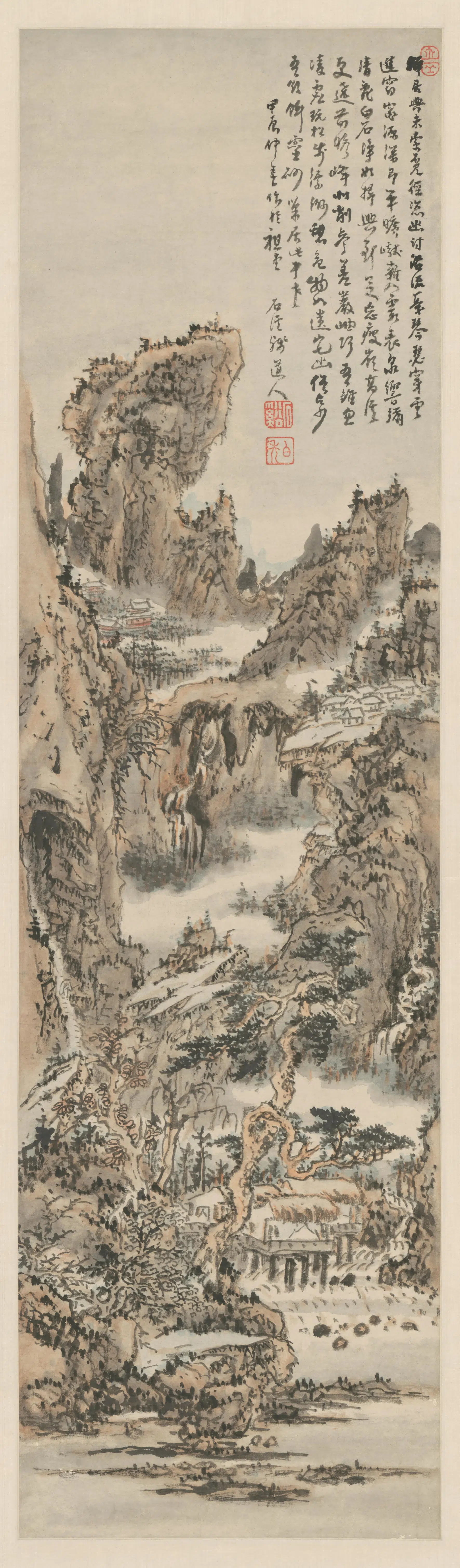 清代【髡残(石谿)】《云洞流泉图轴》