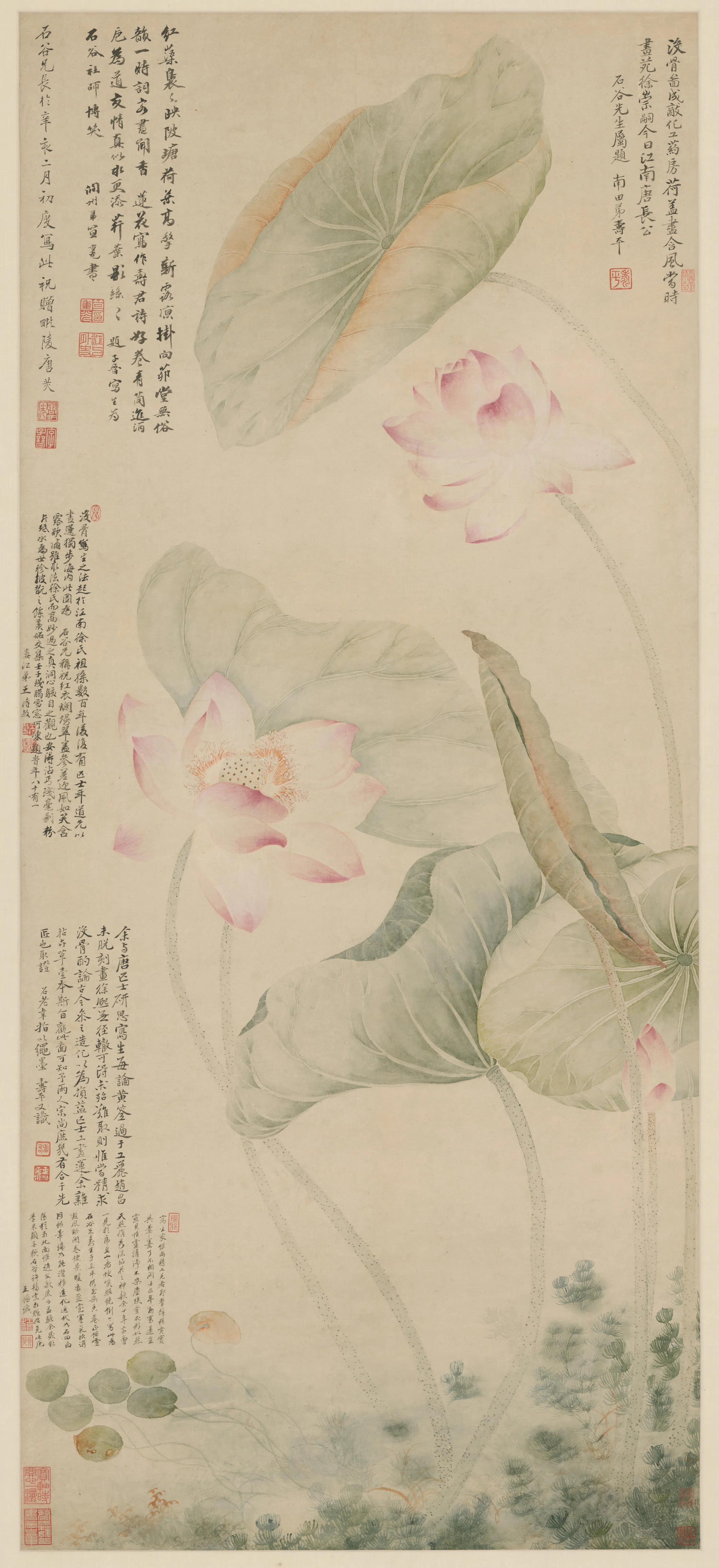 清代【恽寿平】《唐炗恽寿平红莲绿藻图轴》