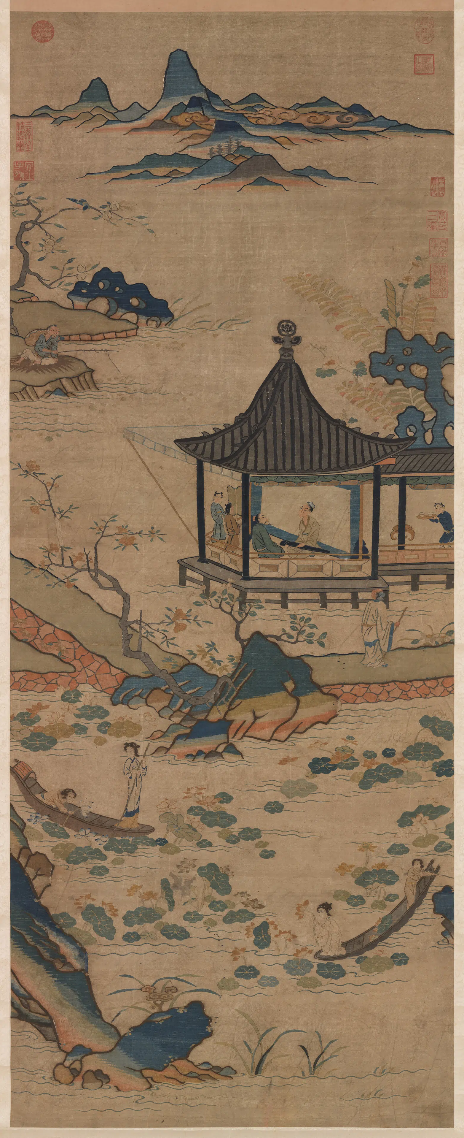 宋代《宋缂丝溪亭消夏图轴》
