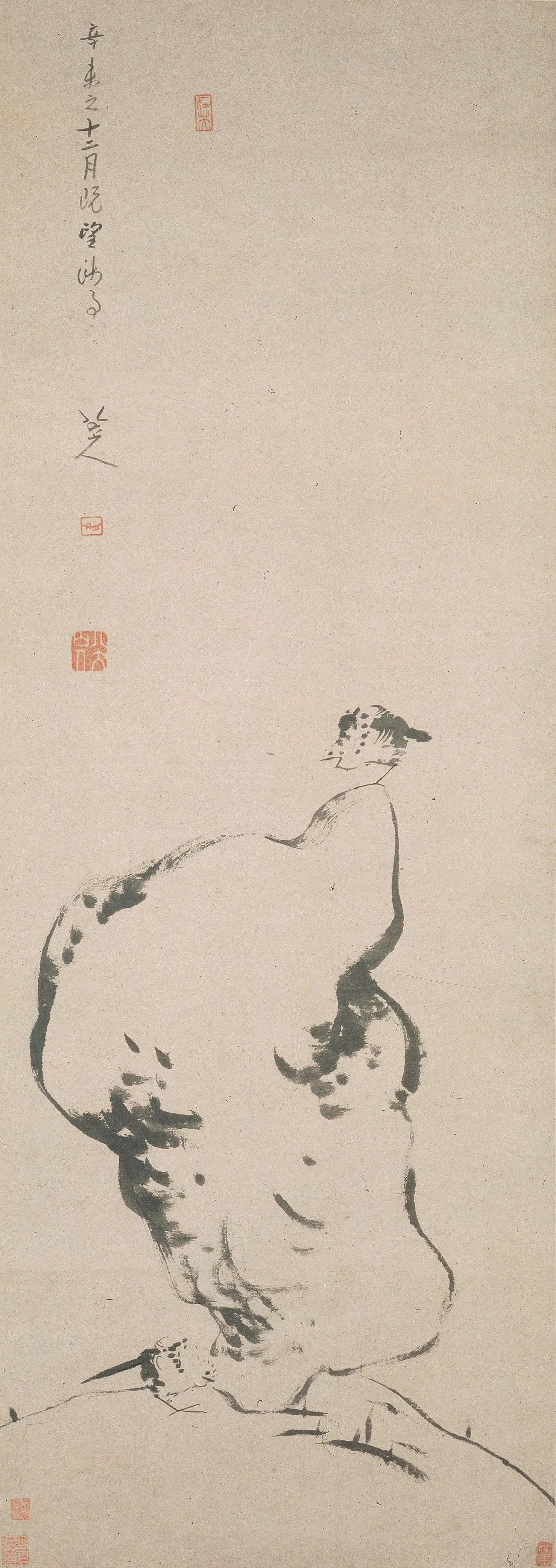 清代【朱耷】《湖石双鸟图轴》