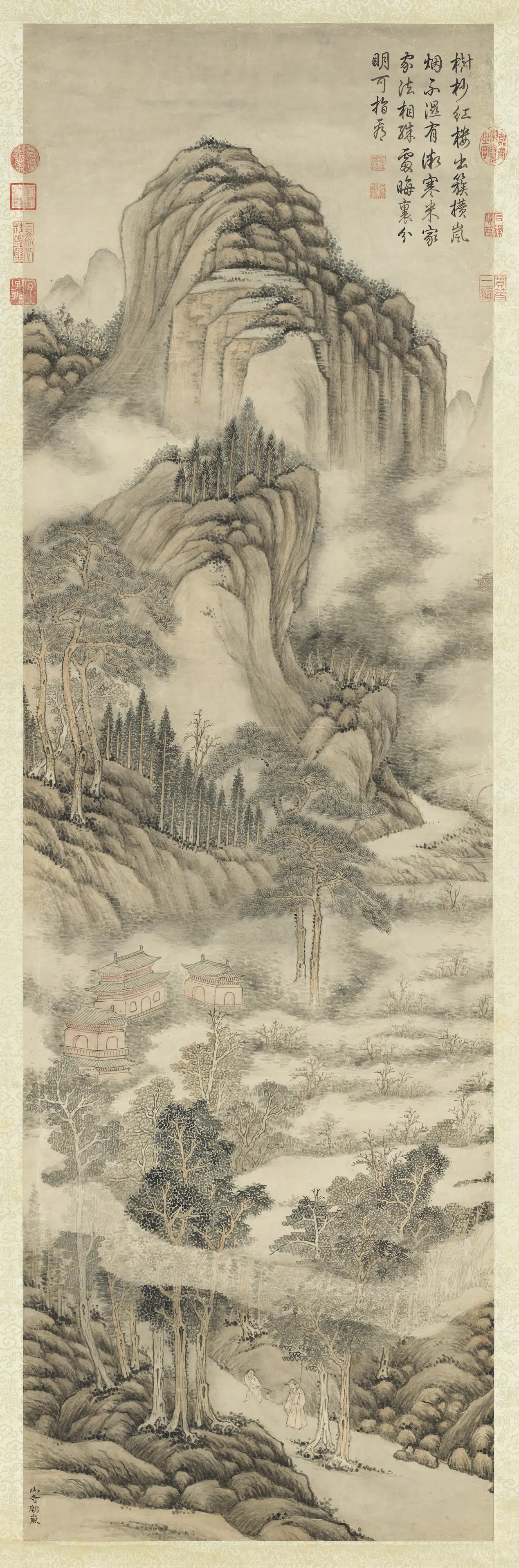 清代【爱新觉罗弘历-乾隆-清高宗】《高宗御题山寺朝岚图轴》