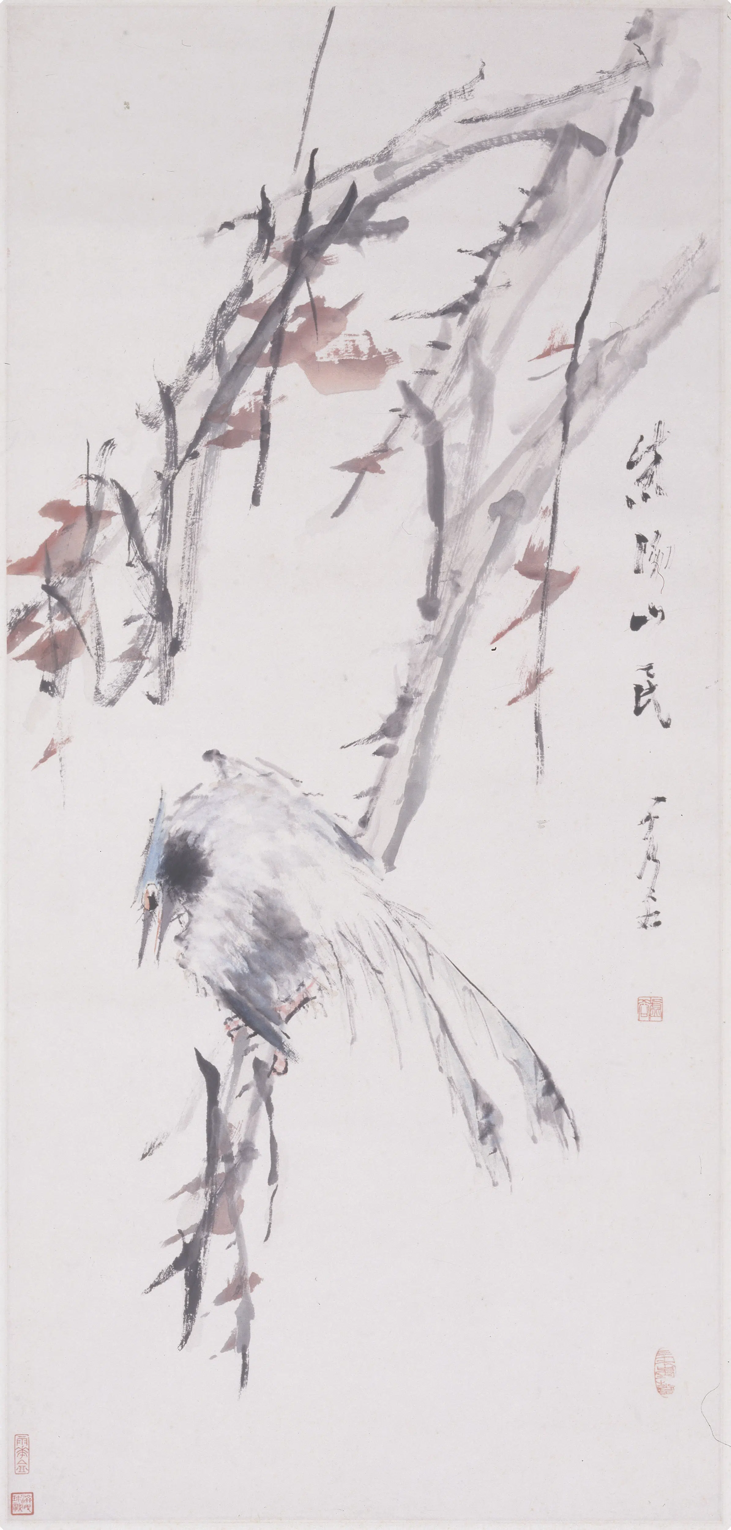 清代【虚谷】《红枫绶带图轴》